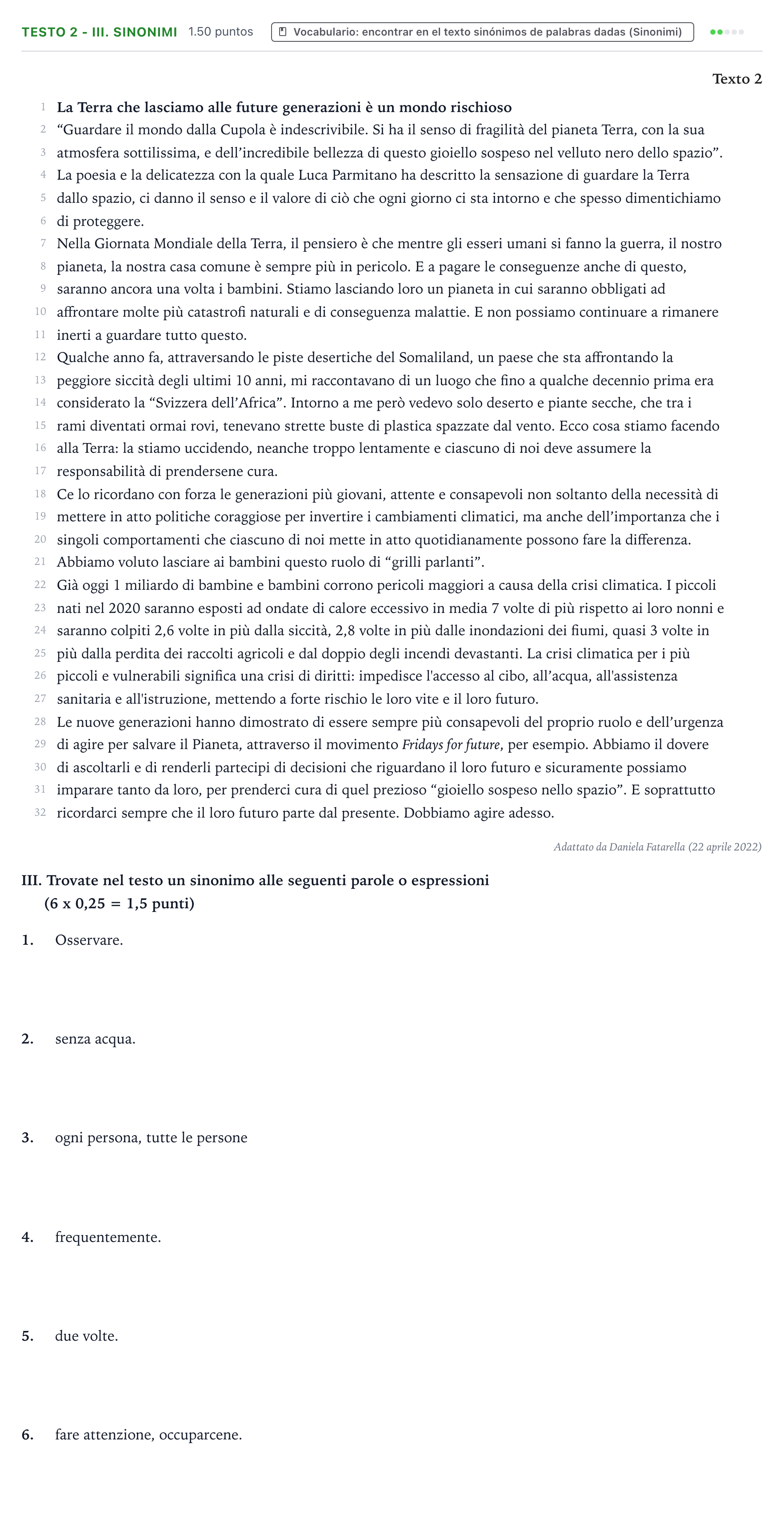 Enunciado: Ejercicio Testo 2 - III. Sinonimi · Italiano PAU Valencia Ordinaria 2023