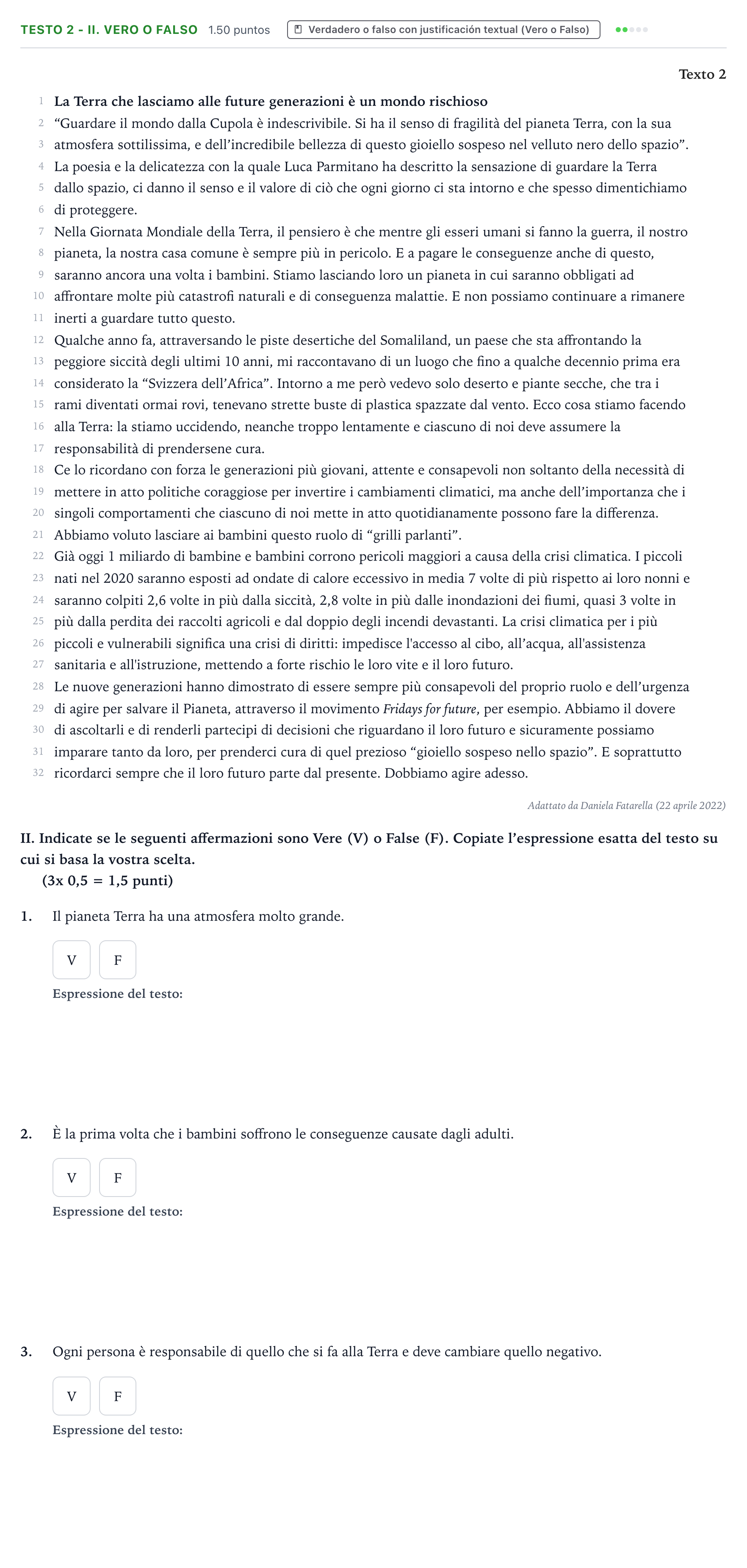 Enunciado: Ejercicio Testo 2 - II. Vero o Falso · Italiano PAU Valencia Ordinaria 2023