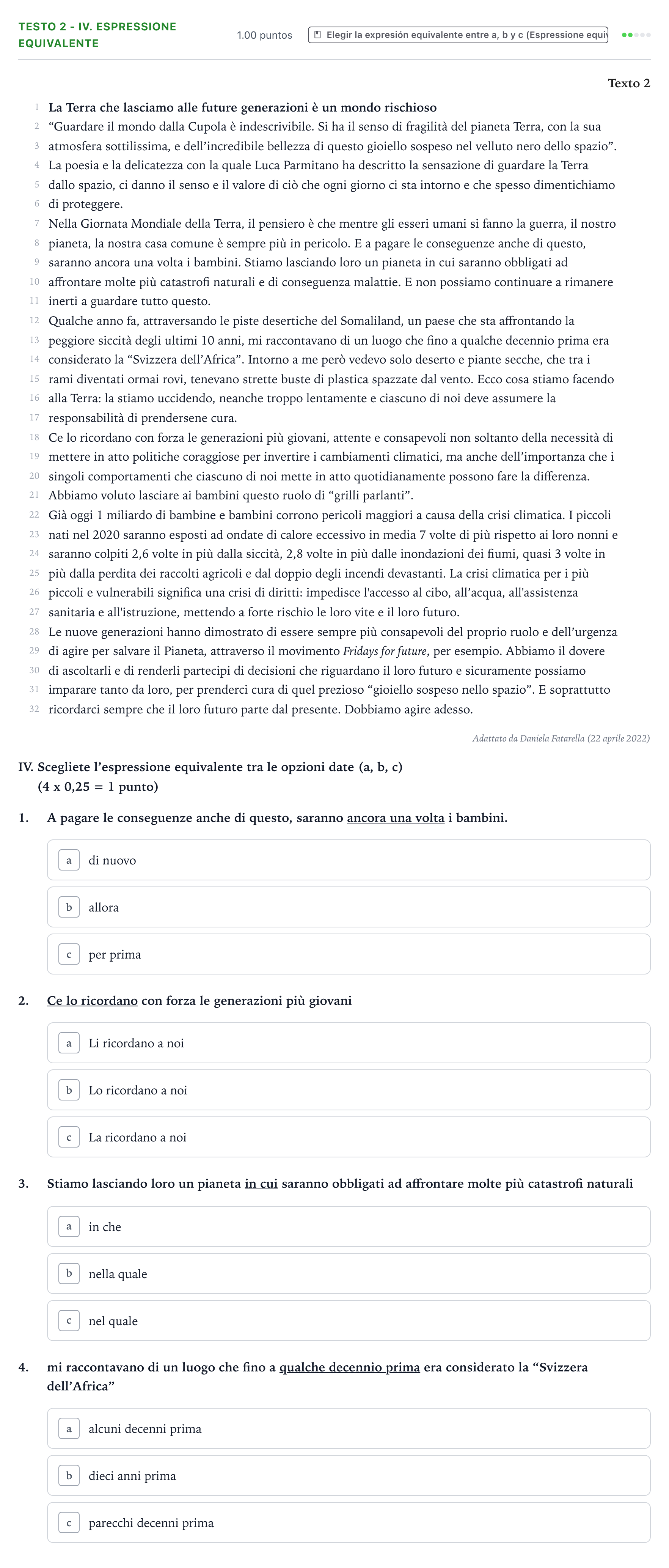 Enunciado: Ejercicio Testo 2 - IV. Espressione equivalente · Italiano PAU Valencia Ordinaria 2023