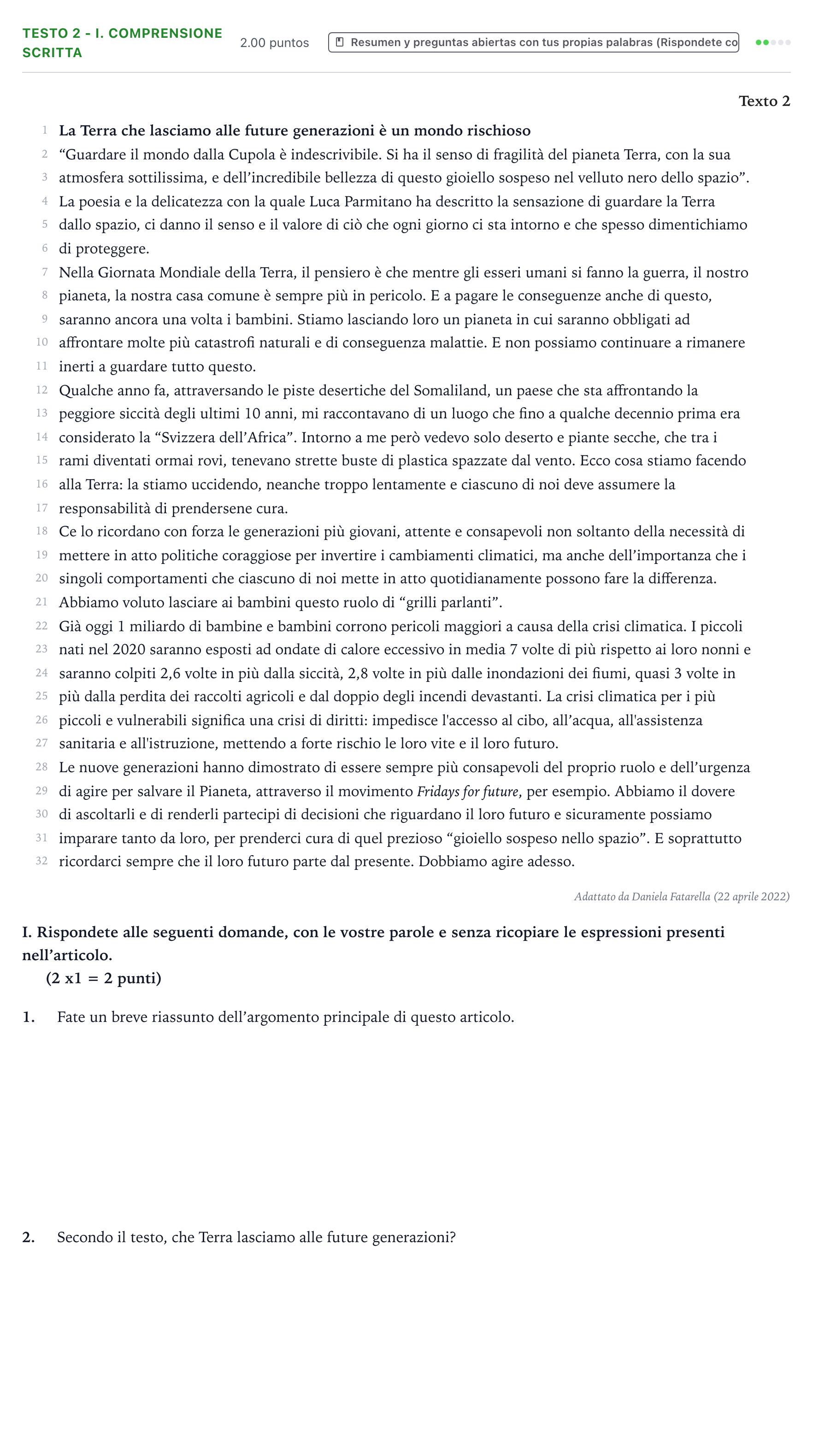 Enunciado: Ejercicio Testo 2 - I. Comprensione scritta · Italiano PAU Valencia Ordinaria 2023