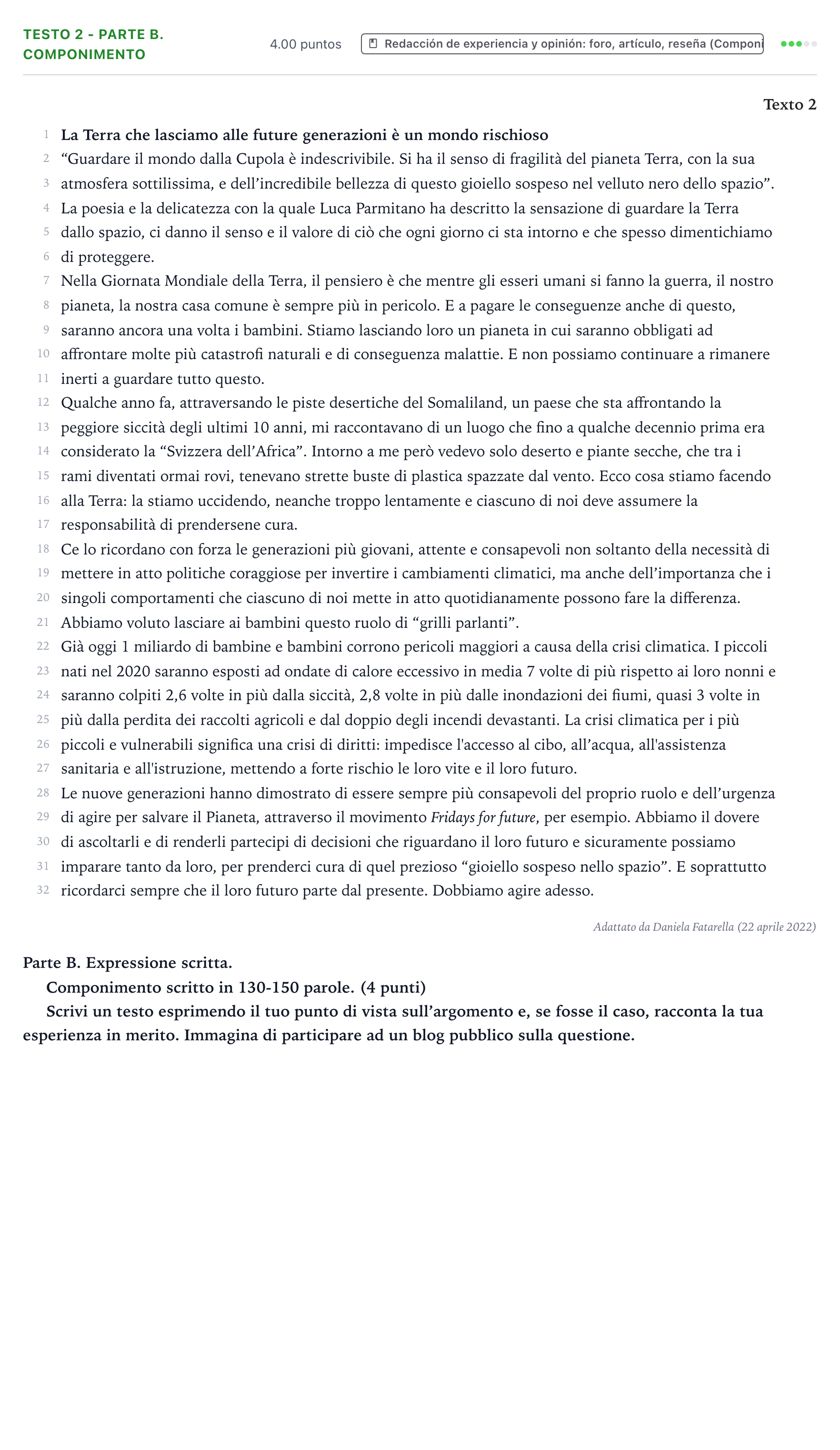 Enunciado: Ejercicio Testo 2 - Parte B. Componimento · Italiano PAU Valencia Ordinaria 2023