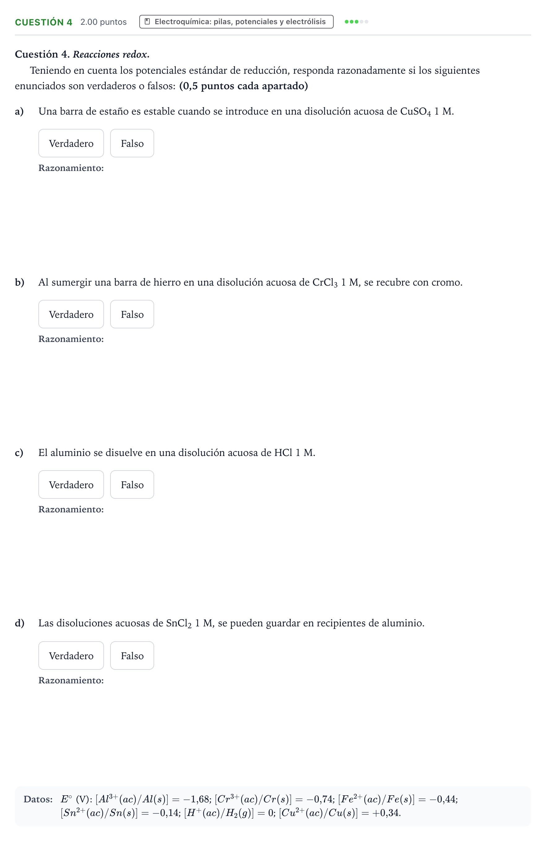 Enunciado: Cuestión 4 · Química PAU Valencia Extraordinaria 2023