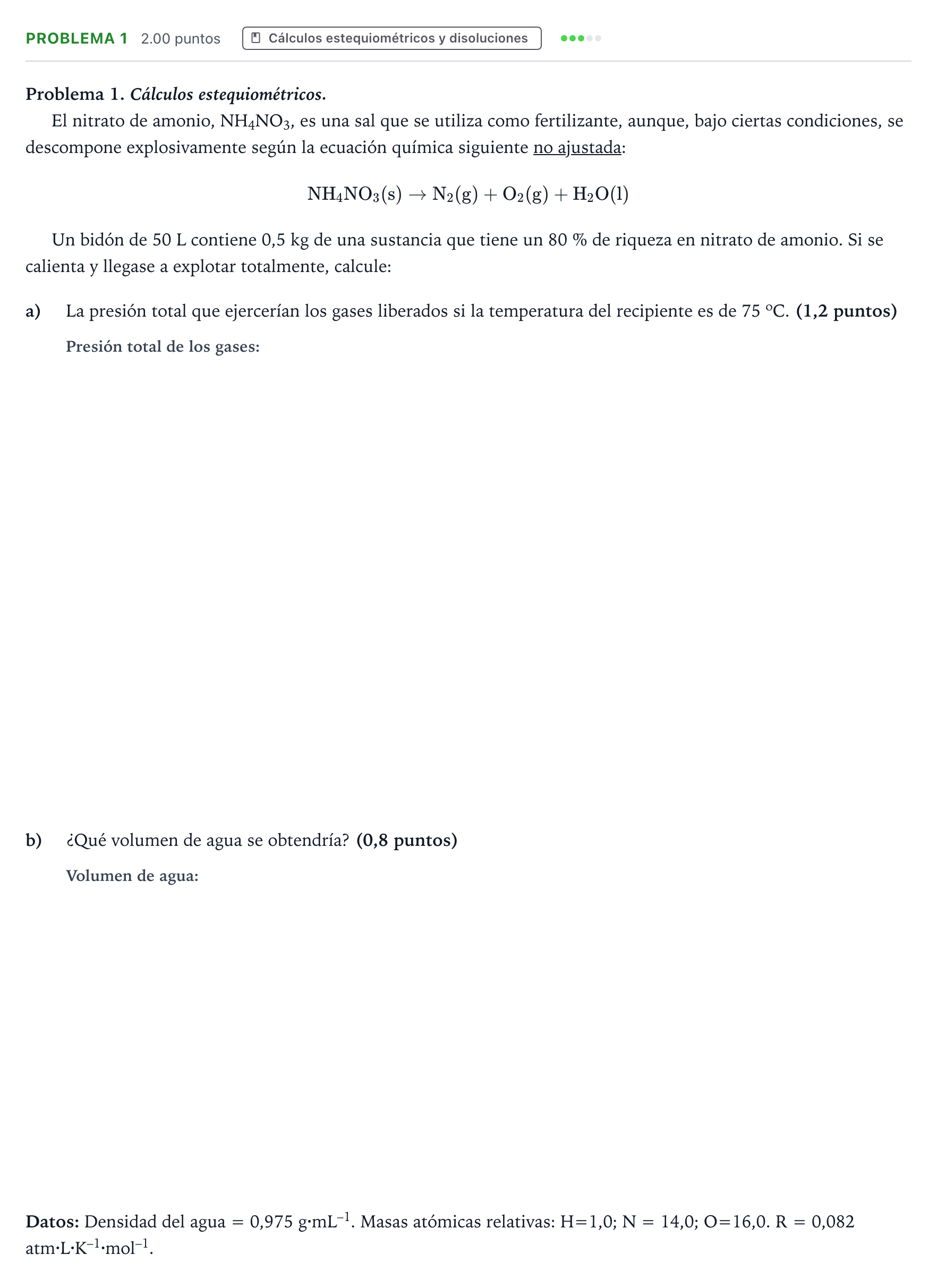 Enunciado: Problema 1 · Química PAU Valencia Extraordinaria 2023