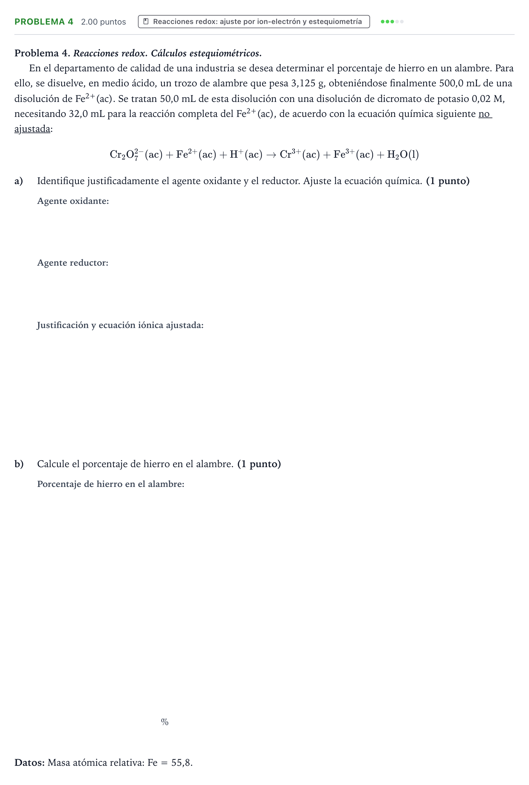 Enunciado: Problema 4 · Química PAU Valencia Extraordinaria 2023