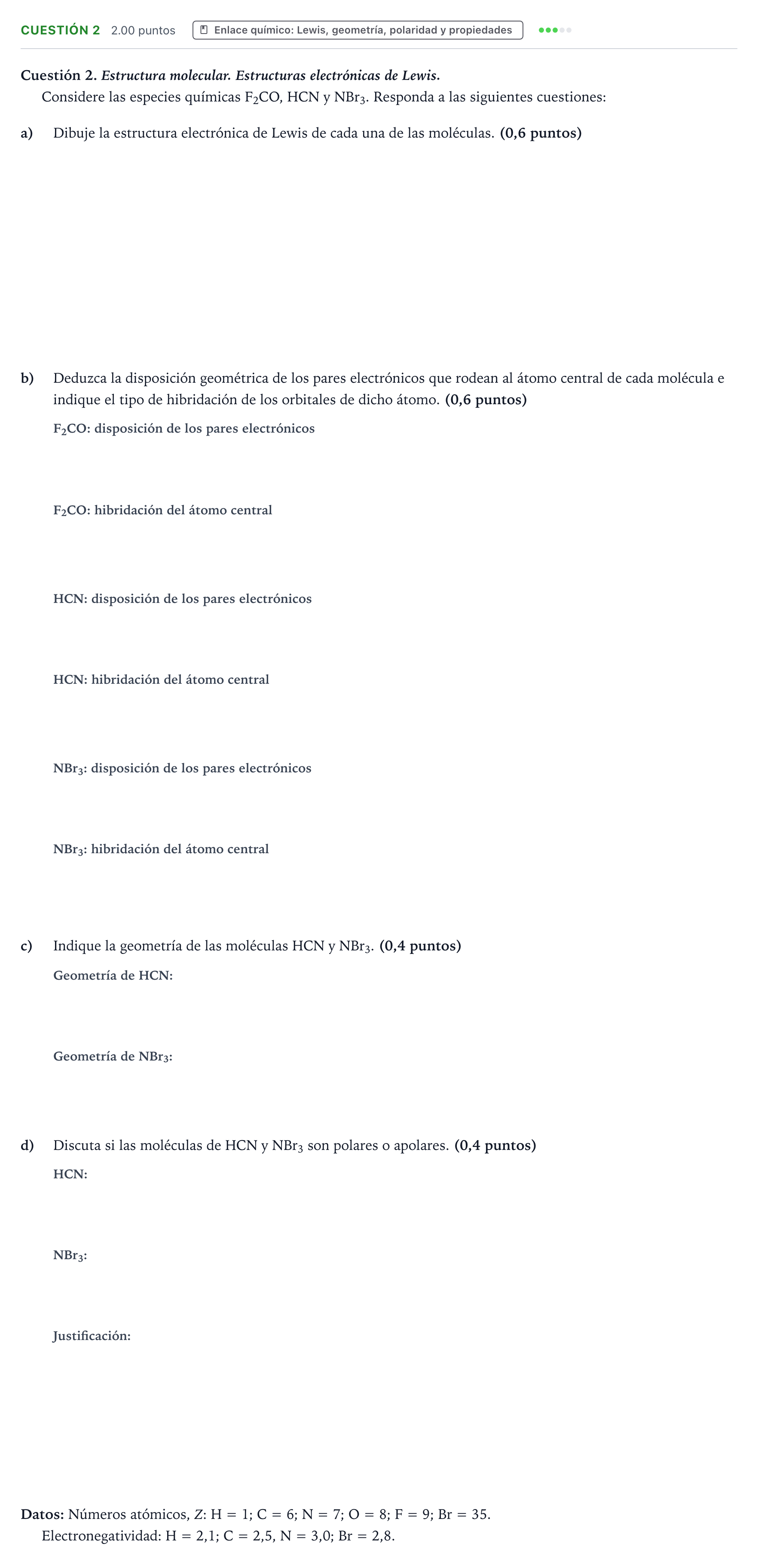 Enunciado: Cuestión 2 · Química PAU Valencia Ordinaria 2023