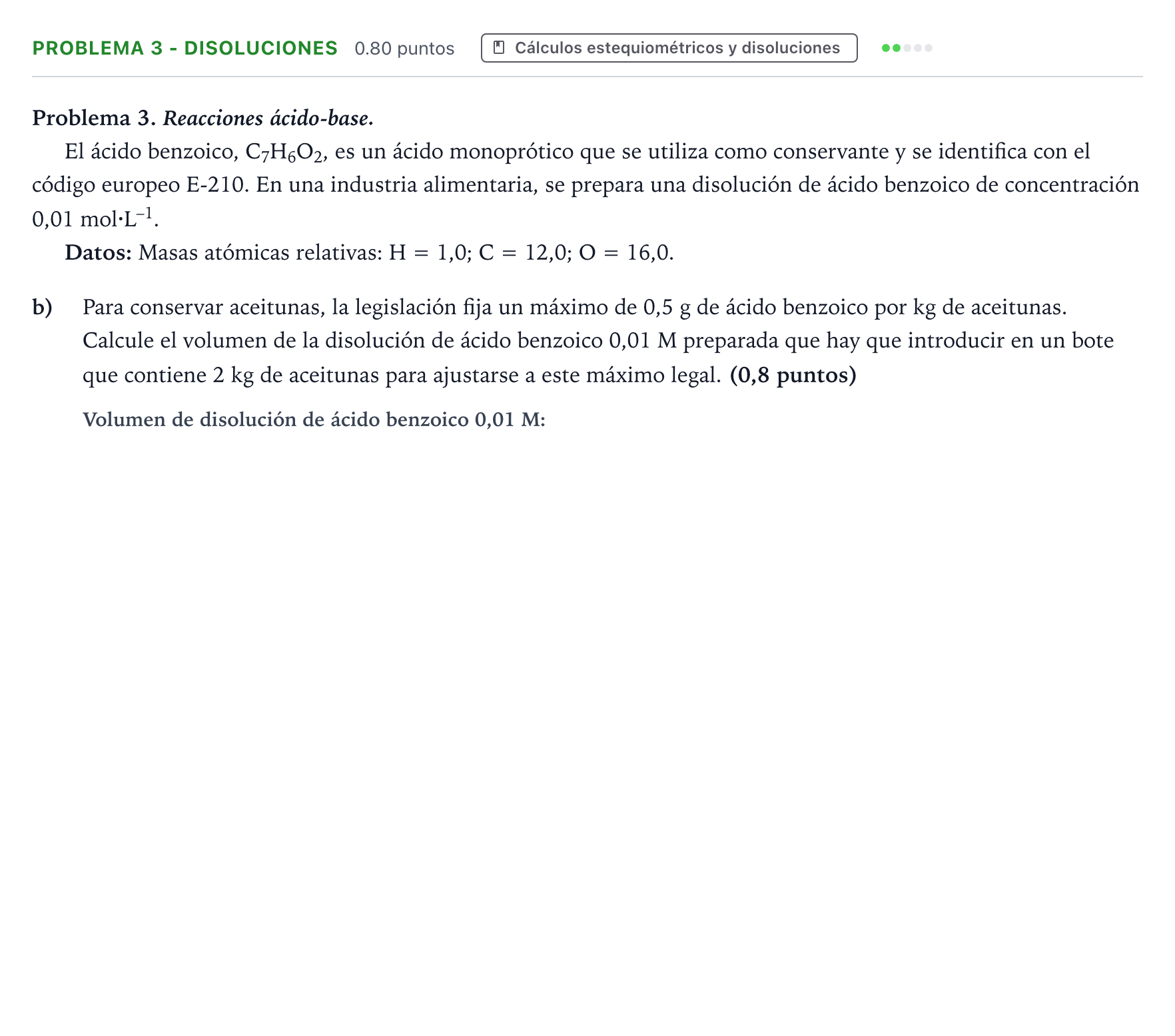 Enunciado: Problema 3 - Disoluciones · Química PAU Valencia Ordinaria 2023