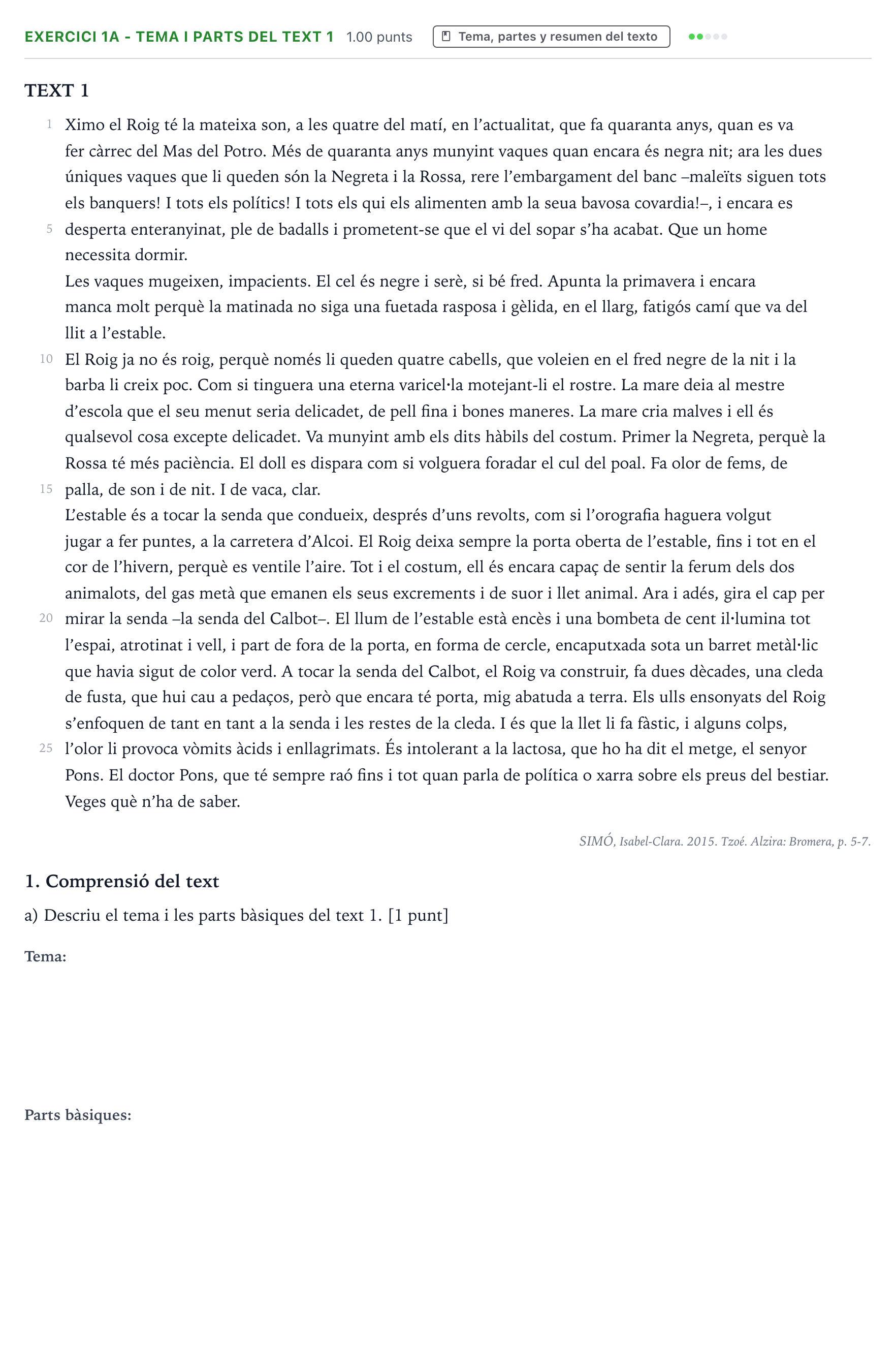 Enunciado: Ejercicio 1a - Tema i parts del text 1 · Lengua Valenciana y Literatura II PAU Valencia Extraordinaria 2023