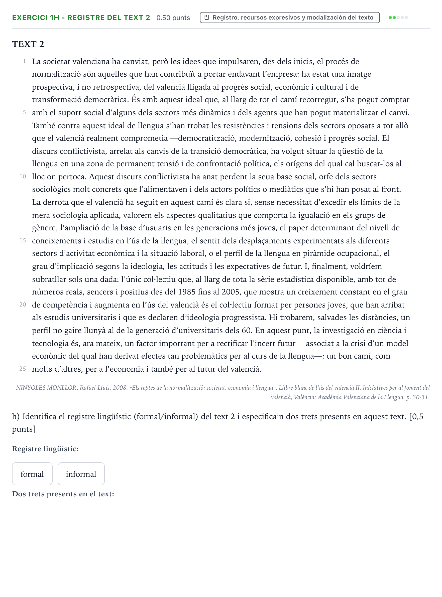 Enunciado: Ejercicio 1h - Registre del text 2 · Lengua Valenciana y Literatura II PAU Valencia Extraordinaria 2023