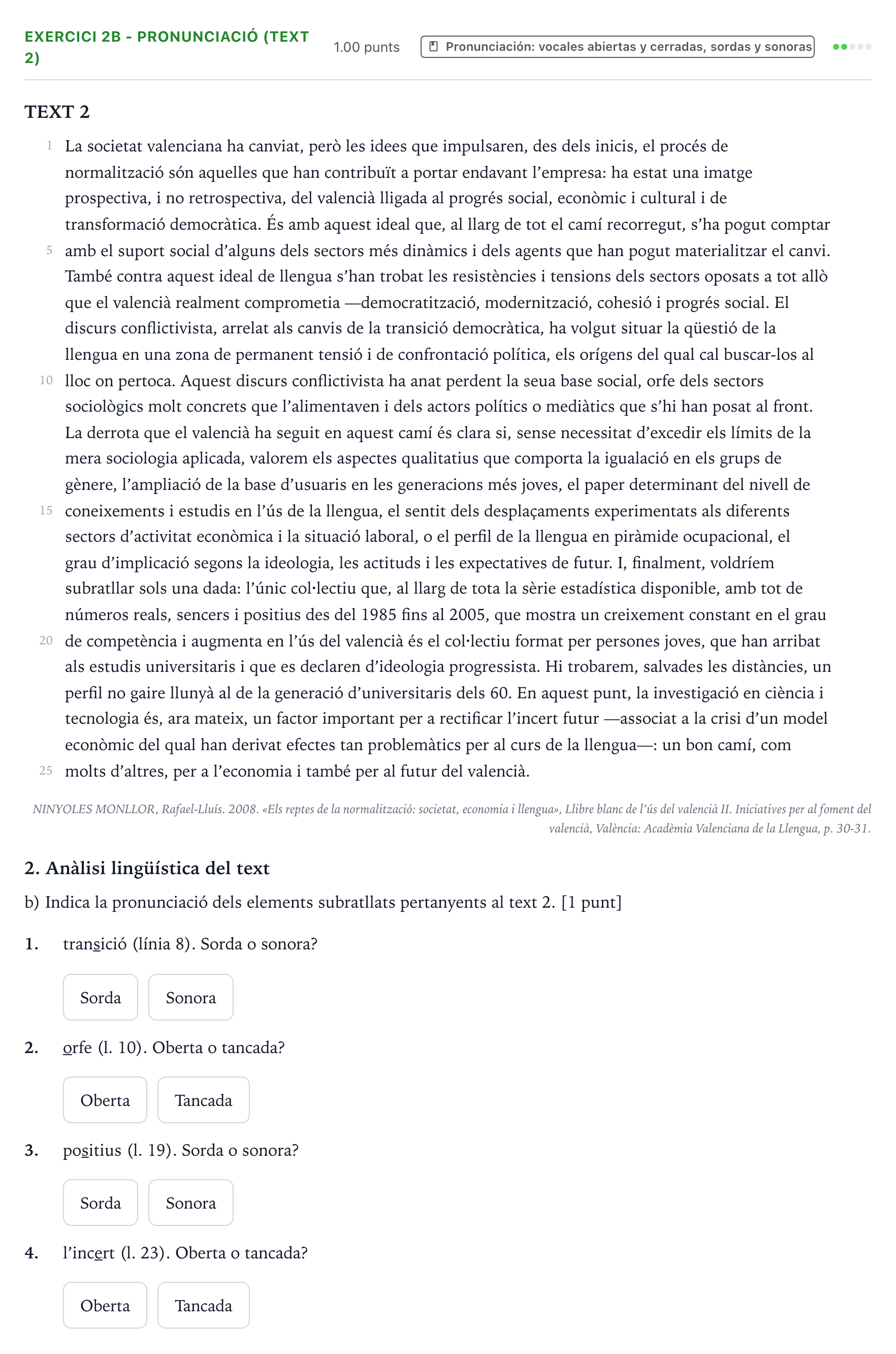 Enunciado: Ejercicio 2b - Pronunciació (text 2) · Lengua Valenciana y Literatura II PAU Valencia Extraordinaria 2023