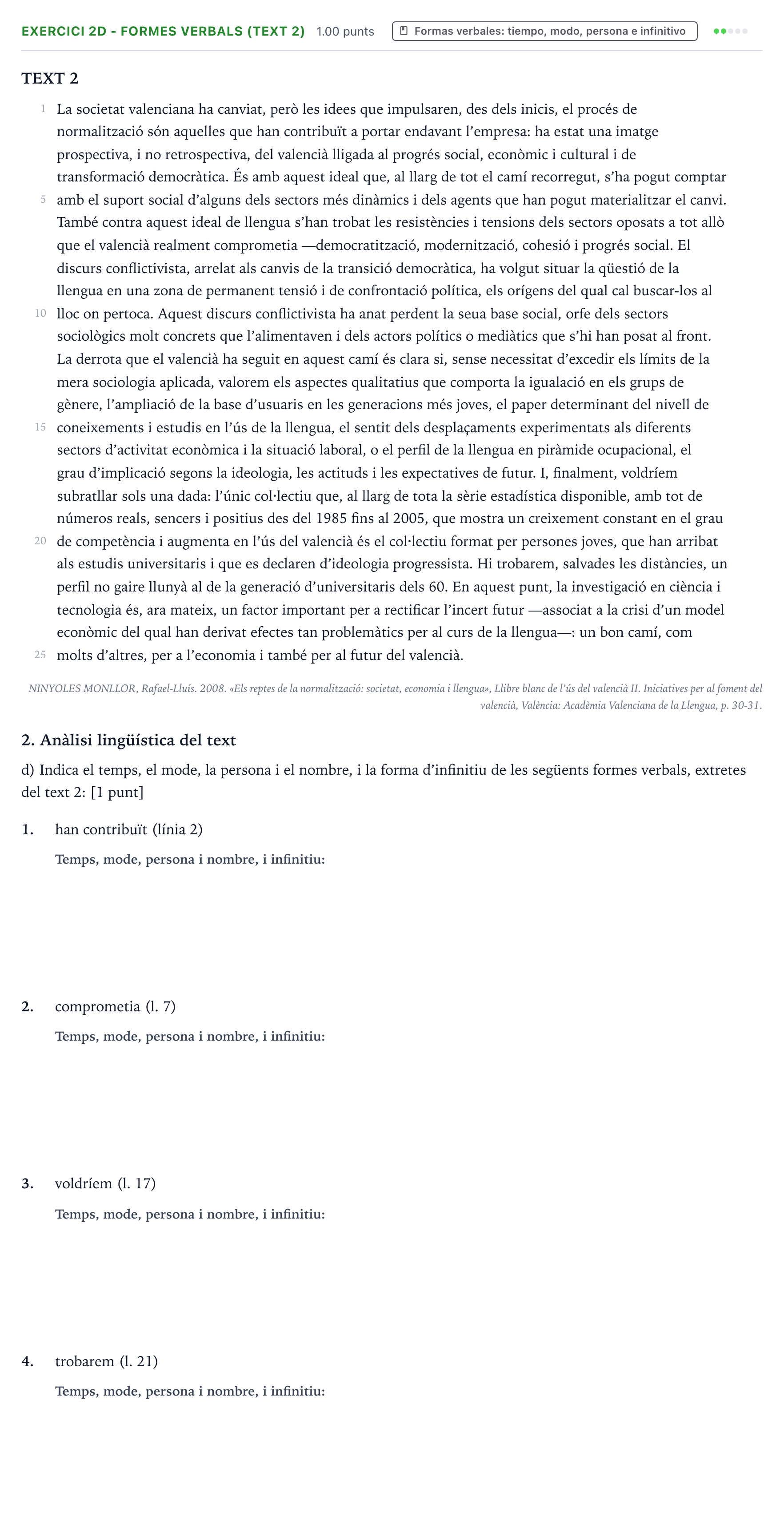 Enunciado: Ejercicio 2d - Formes verbals (text 2) · Lengua Valenciana y Literatura II PAU Valencia Extraordinaria 2023