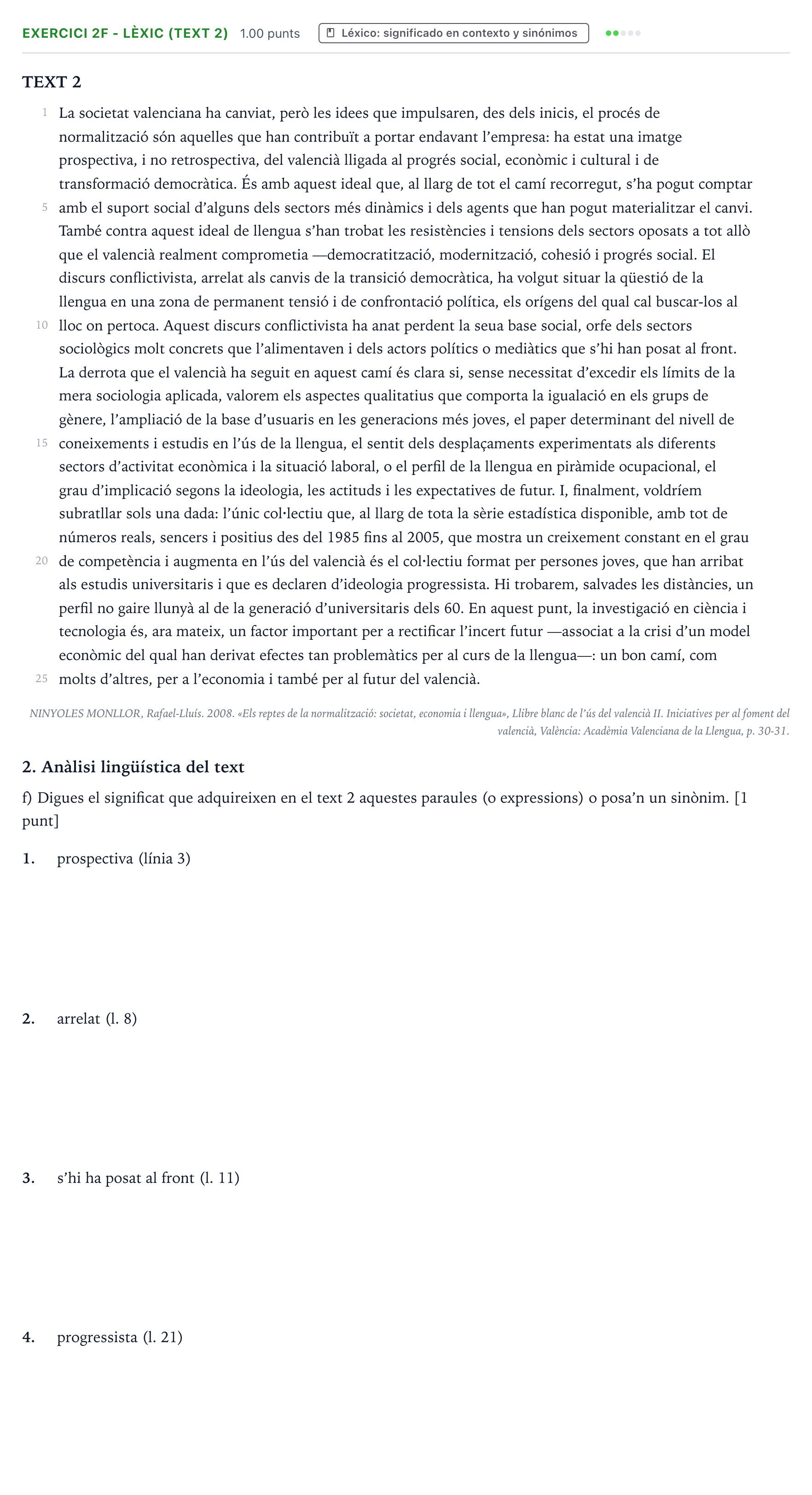 Enunciado: Ejercicio 2f - Lèxic (text 2) · Lengua Valenciana y Literatura II PAU Valencia Extraordinaria 2023