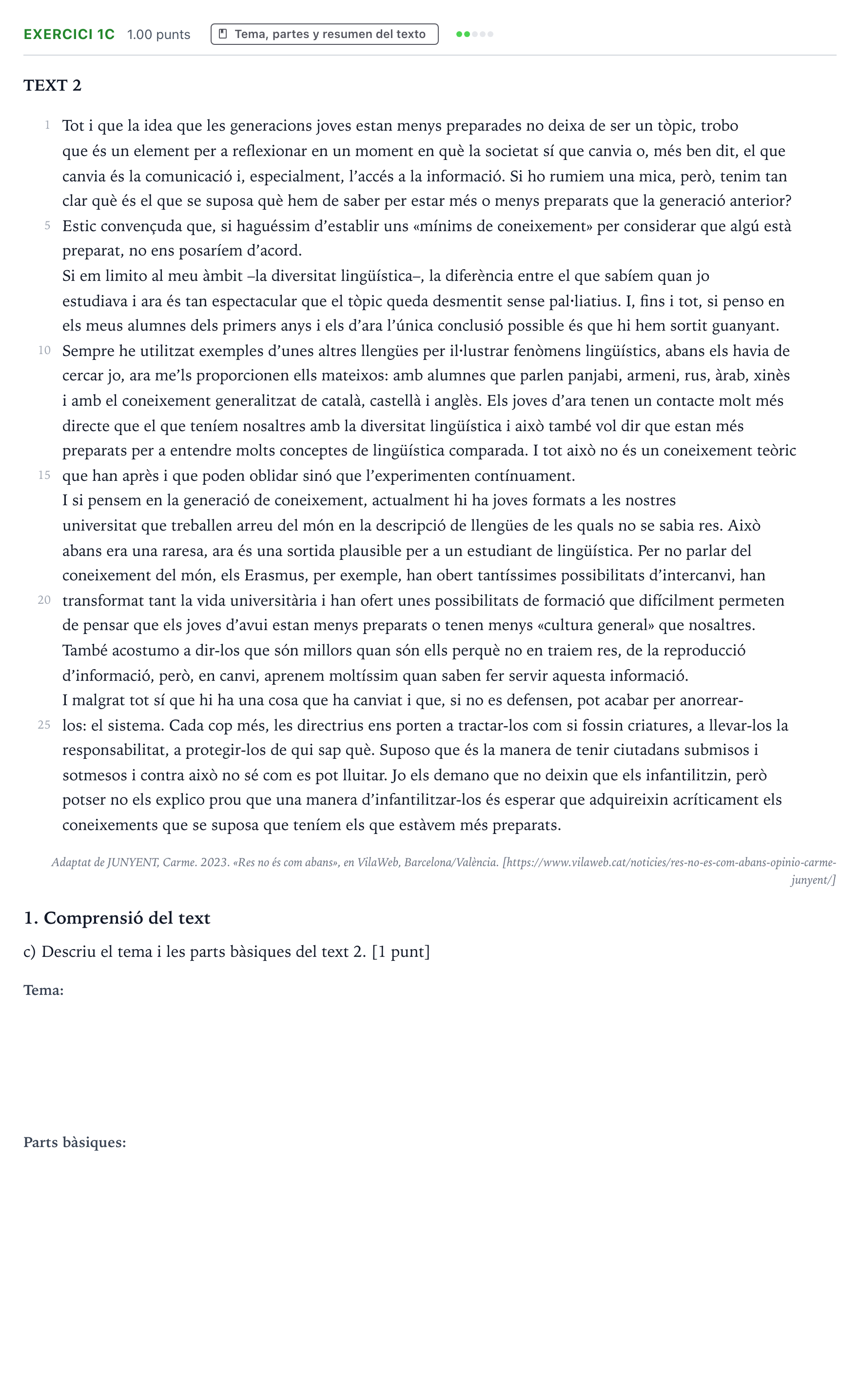 Enunciado: Ejercicio 1c · Lengua Valenciana y Literatura II PAU Valencia Ordinaria 2023