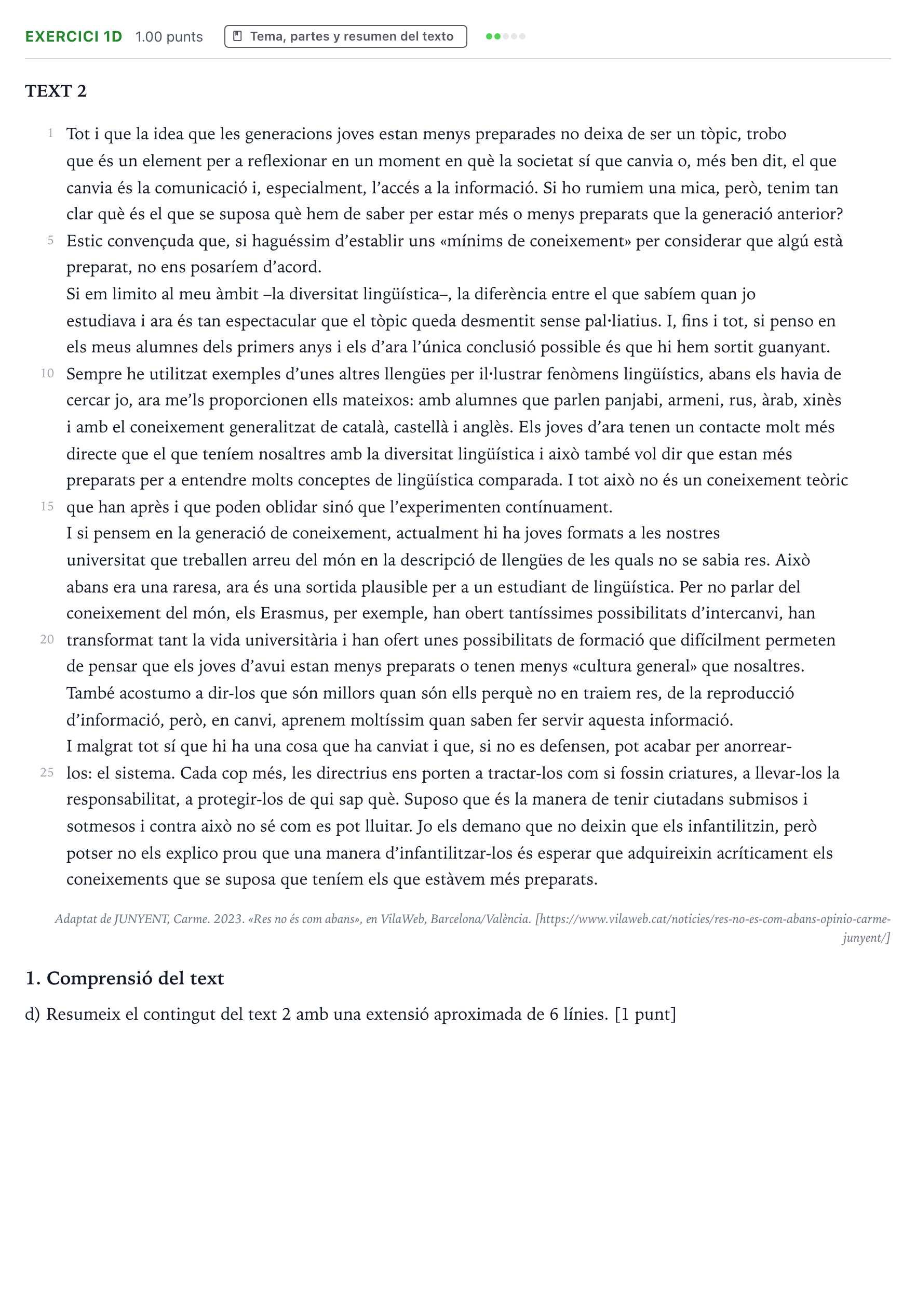 Enunciado: Ejercicio 1d · Lengua Valenciana y Literatura II PAU Valencia Ordinaria 2023