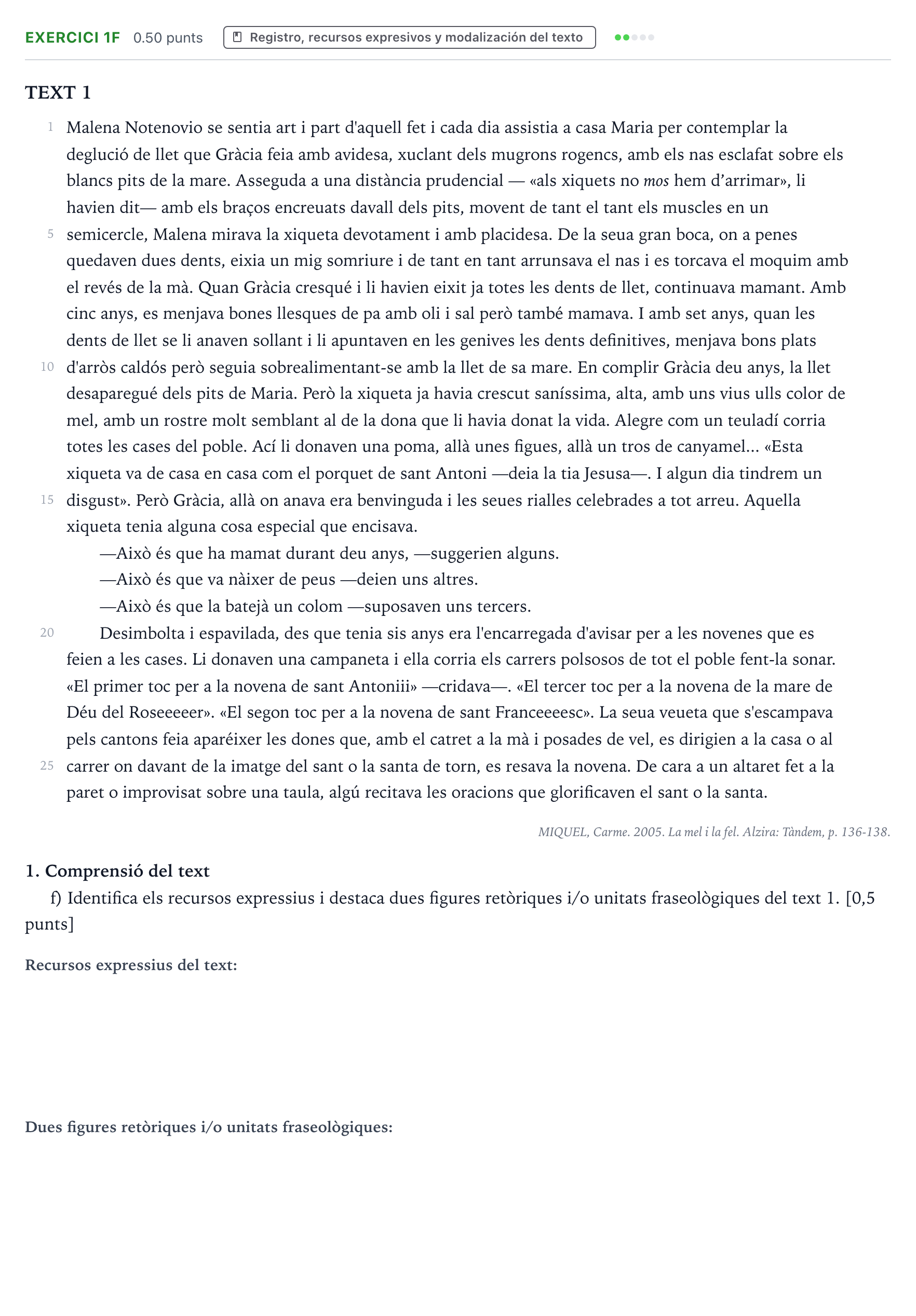 Enunciado: Ejercicio 1f · Lengua Valenciana y Literatura II PAU Valencia Ordinaria 2023