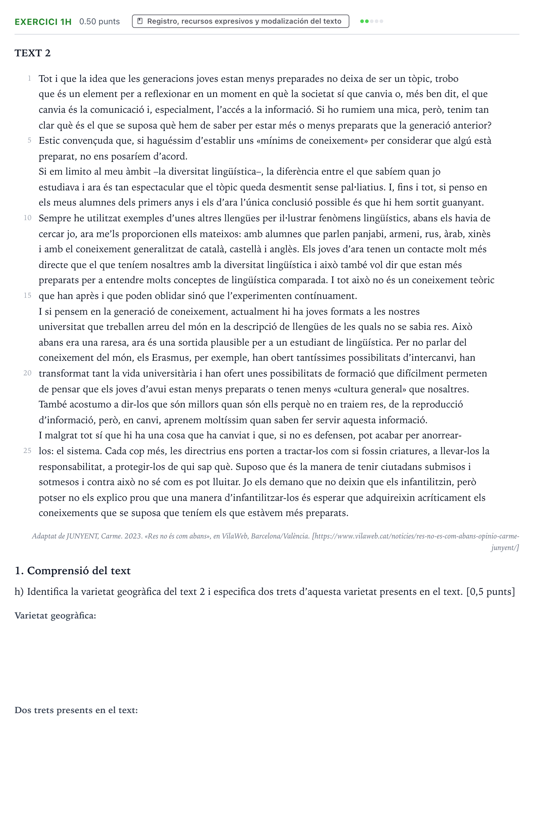 Enunciado: Ejercicio 1h · Lengua Valenciana y Literatura II PAU Valencia Ordinaria 2023