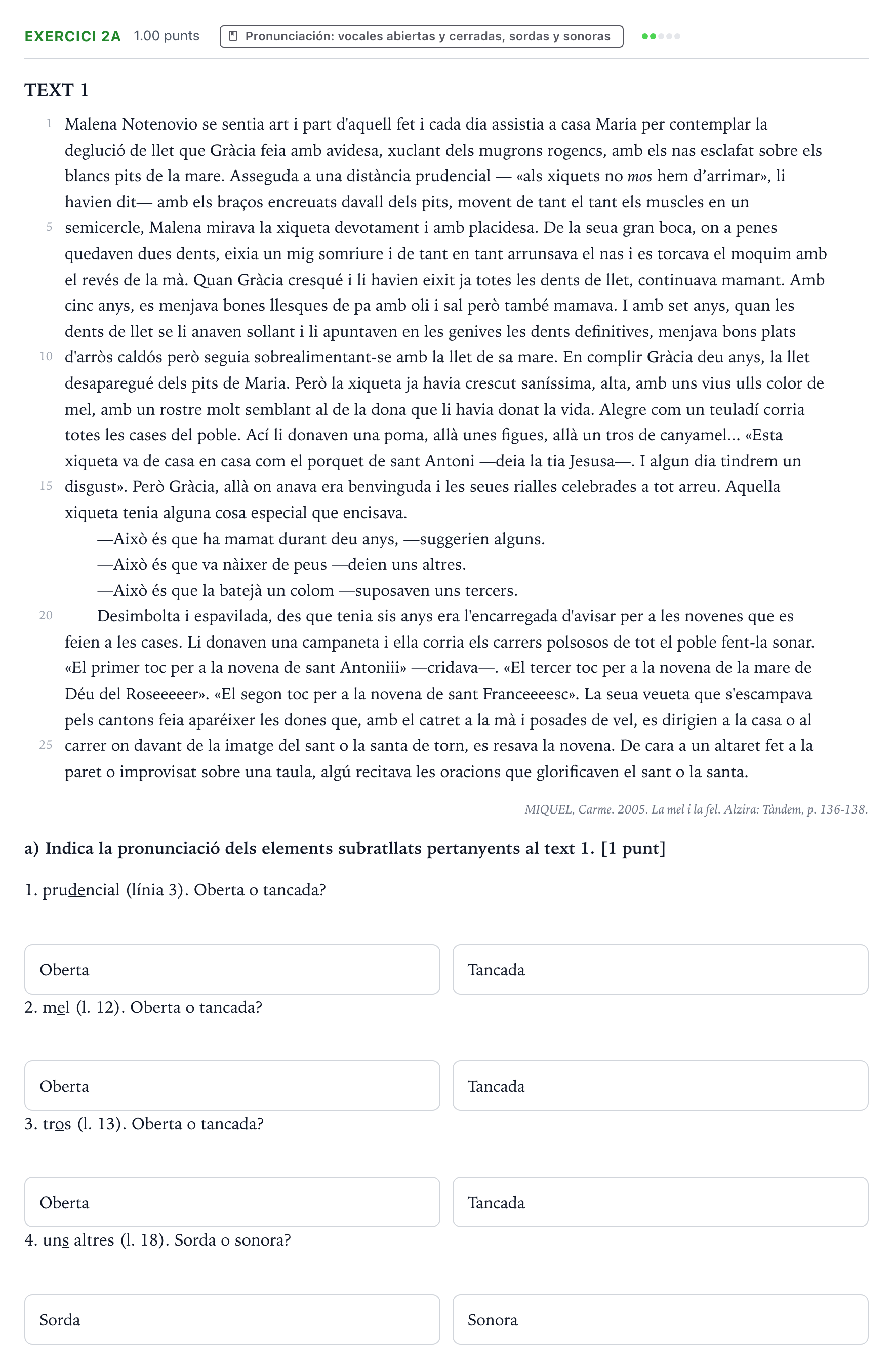 Enunciado: Ejercicio 2a · Lengua Valenciana y Literatura II PAU Valencia Ordinaria 2023