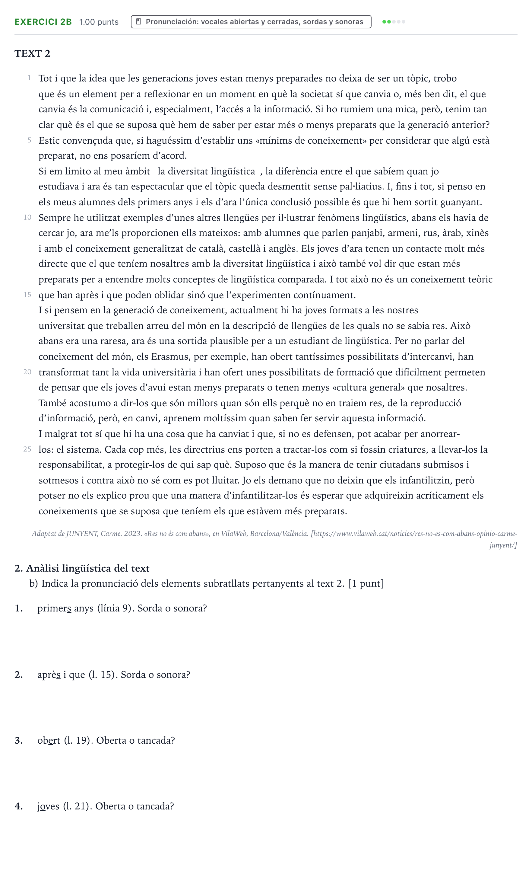 Enunciado: Ejercicio 2b · Lengua Valenciana y Literatura II PAU Valencia Ordinaria 2023