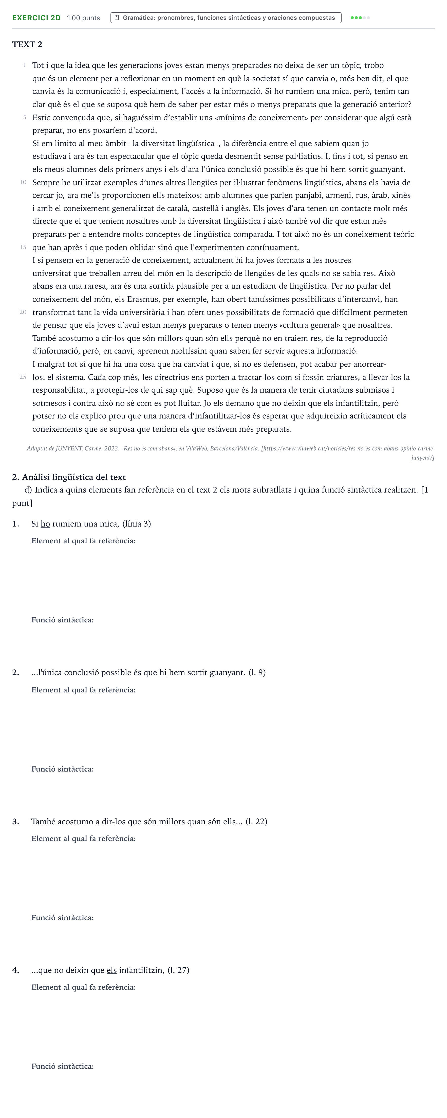 Enunciado: Ejercicio 2d · Lengua Valenciana y Literatura II PAU Valencia Ordinaria 2023