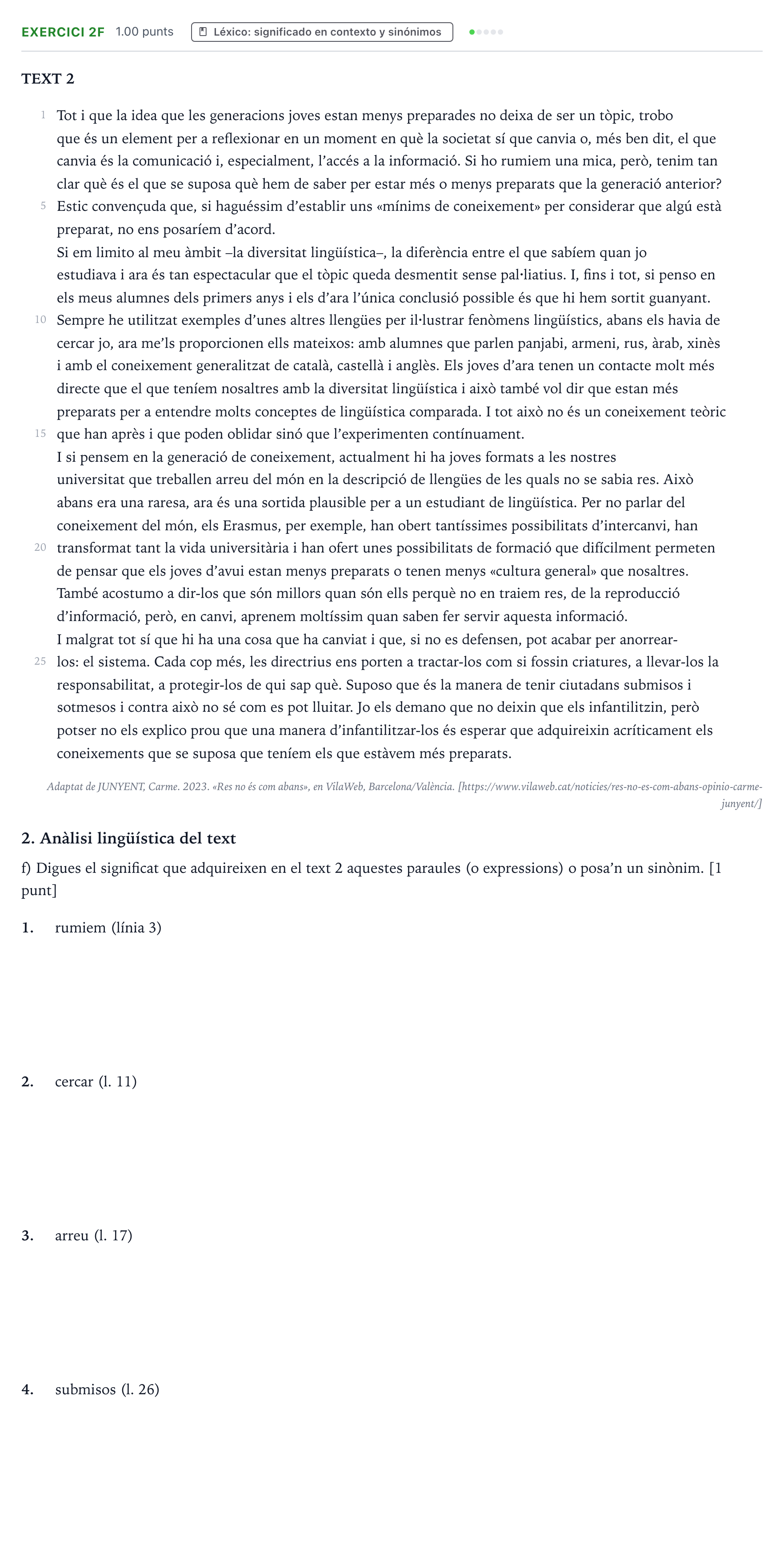 Enunciado: Ejercicio 2f · Lengua Valenciana y Literatura II PAU Valencia Ordinaria 2023