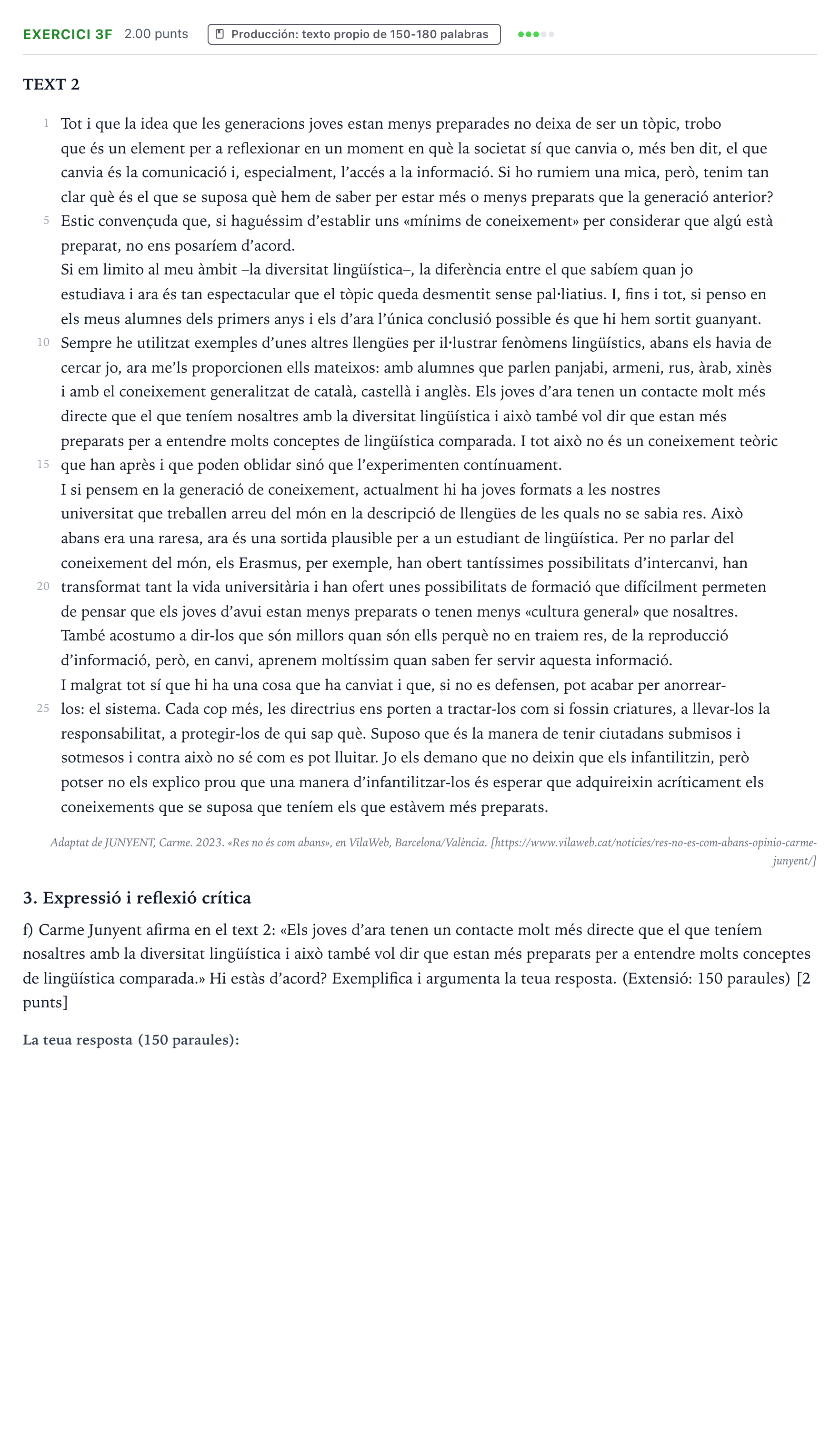 Enunciado: Ejercicio 3f · Lengua Valenciana y Literatura II PAU Valencia Ordinaria 2023