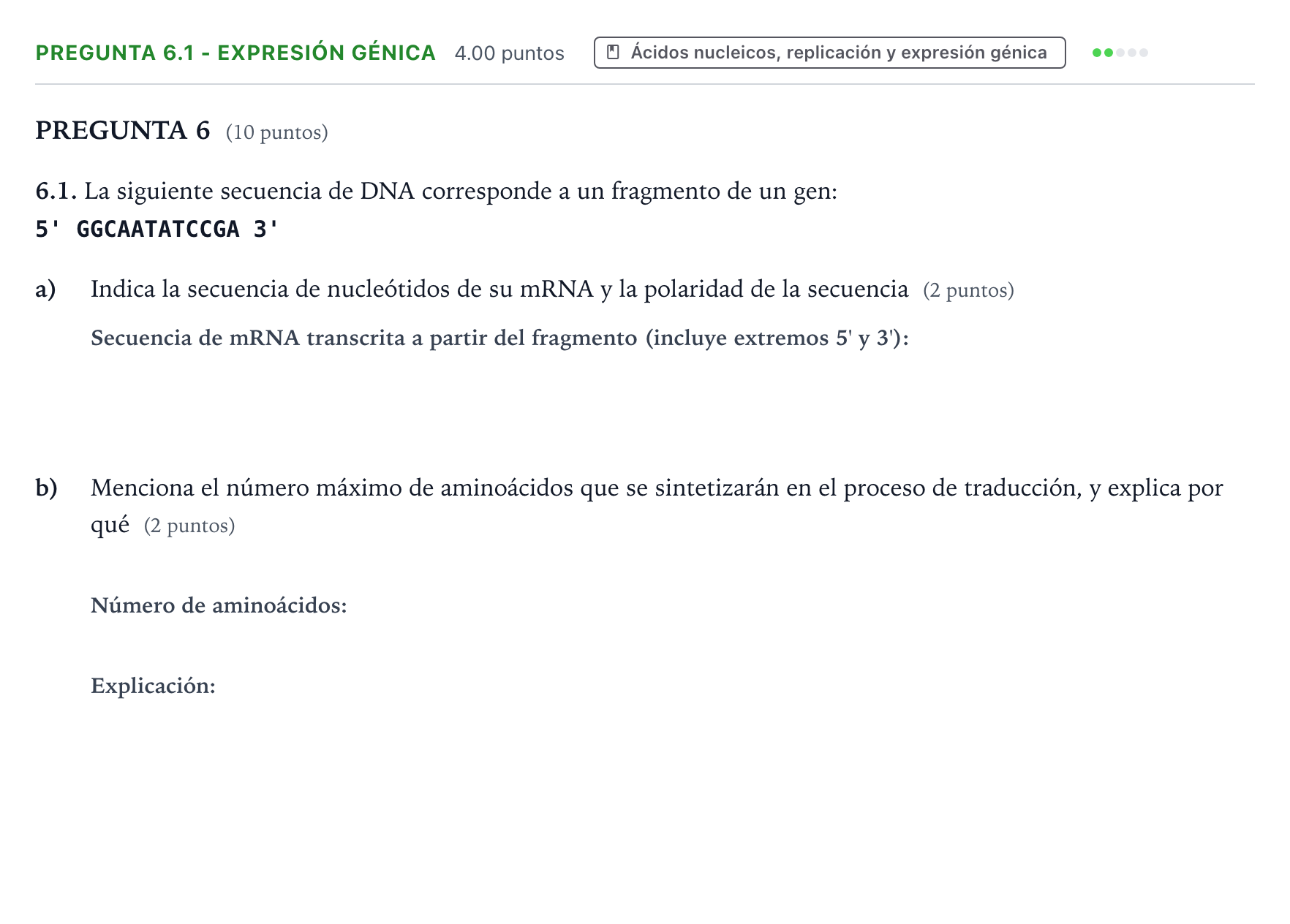 Enunciado: Pregunta 6.1 - Expresión génica · Biología PAU Valencia Ordinaria 2022