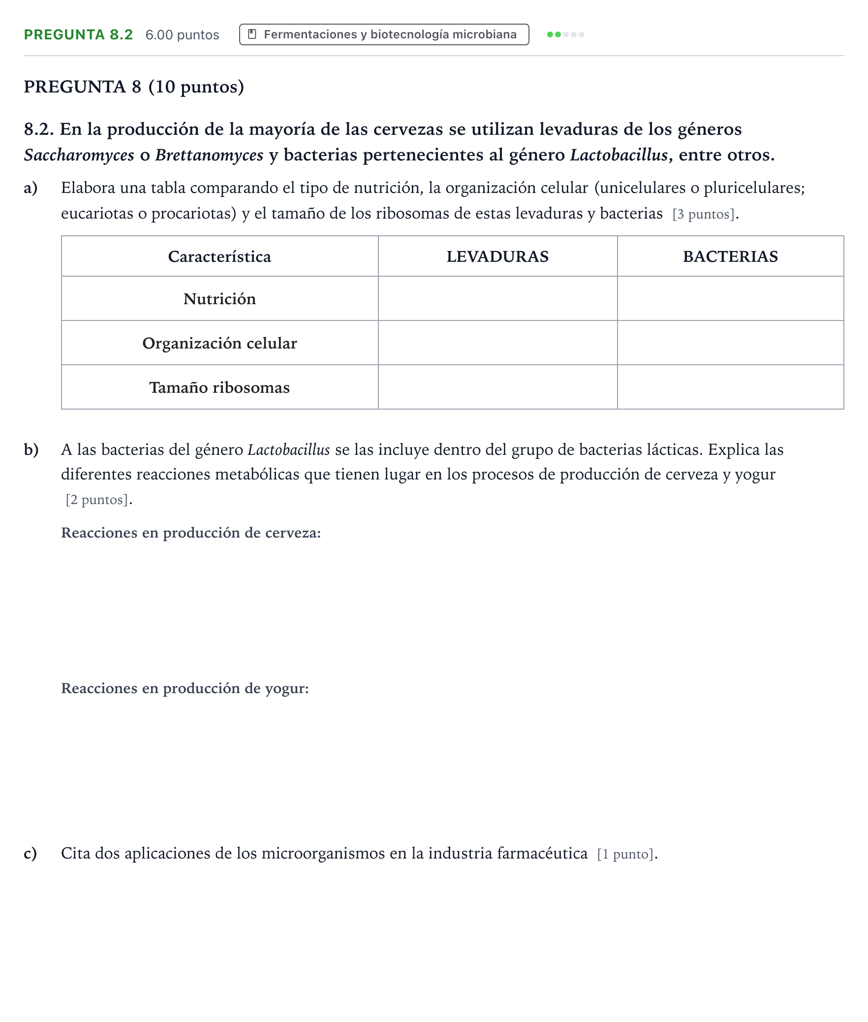 Enunciado: Pregunta 8.2 - Fermentaciones y biotecnología · Biología PAU Valencia Ordinaria 2022