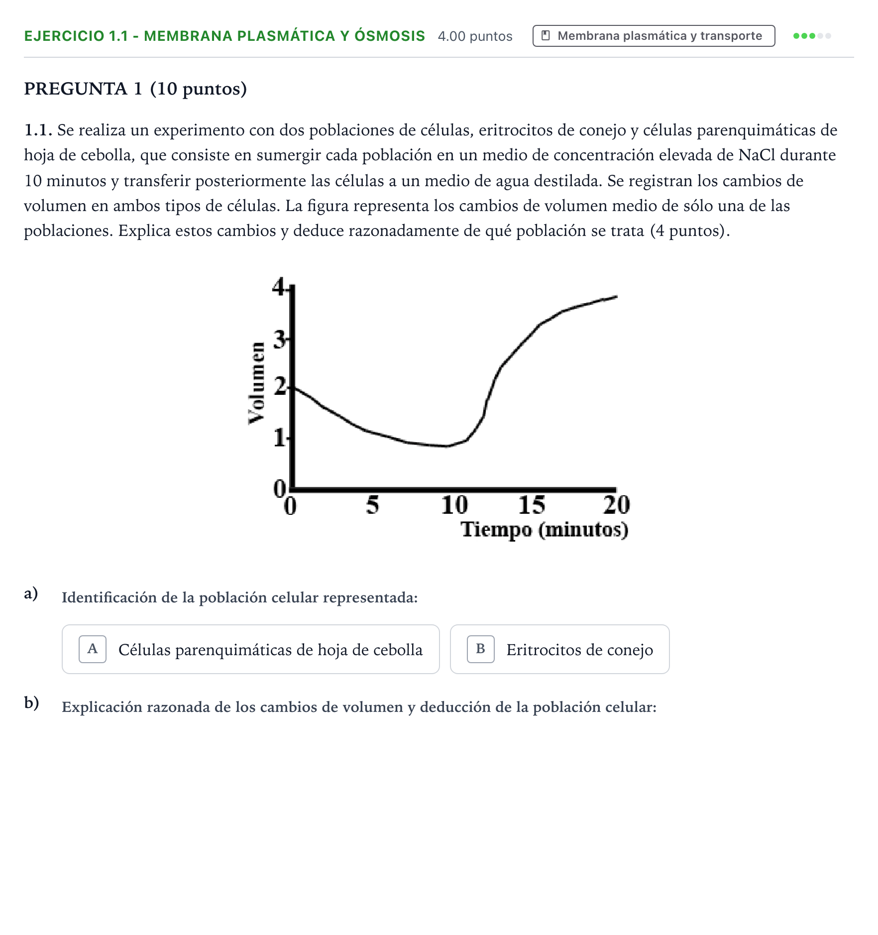 Enunciado: Ejercicio 1.1 - Membrana plasmática y ósmosis · Biología PAU Valencia Extraordinaria 2022