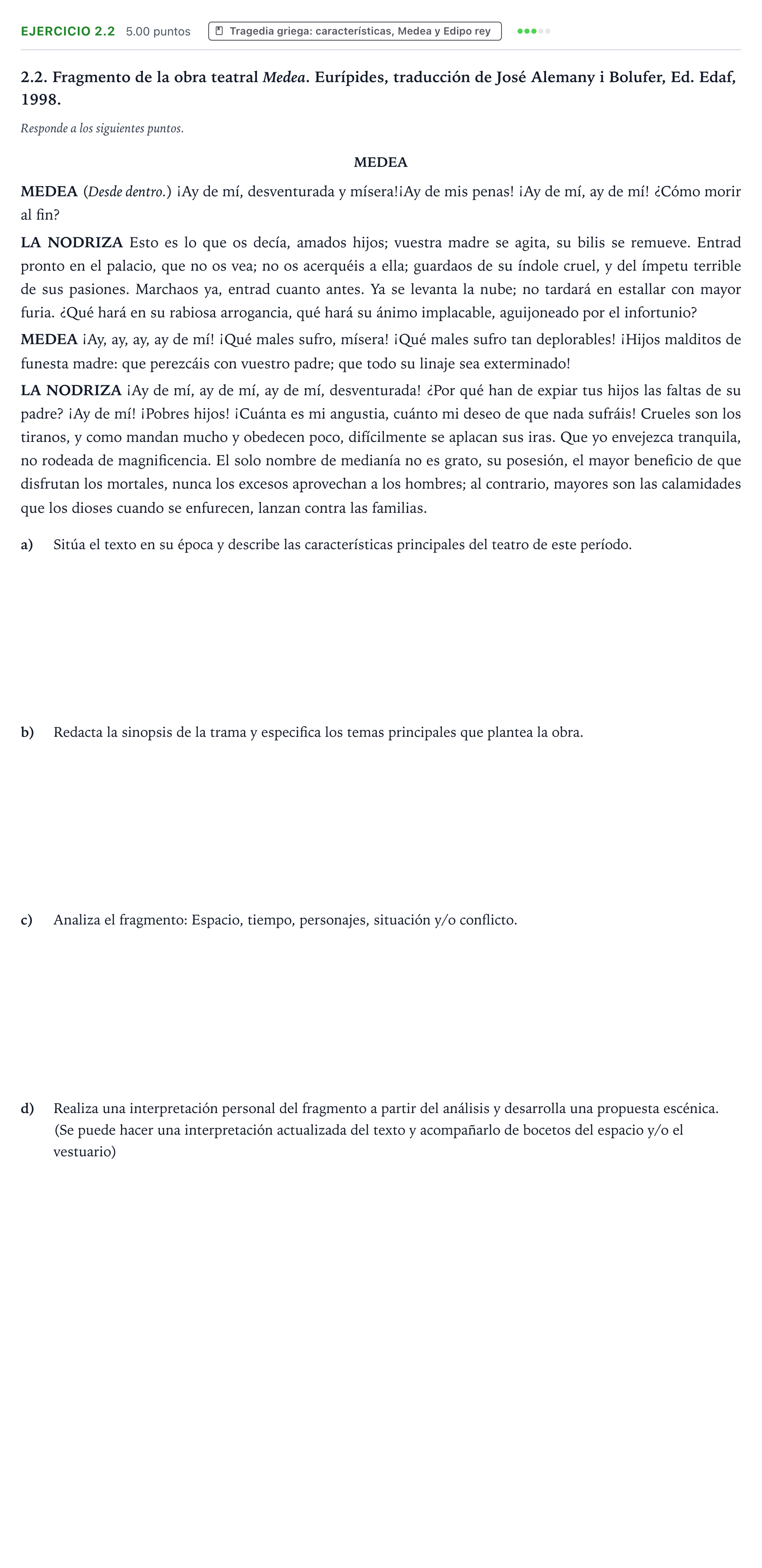 Enunciado: Ejercicio 2.2 · Artes Escénicas PAU Valencia Extraordinaria 2022