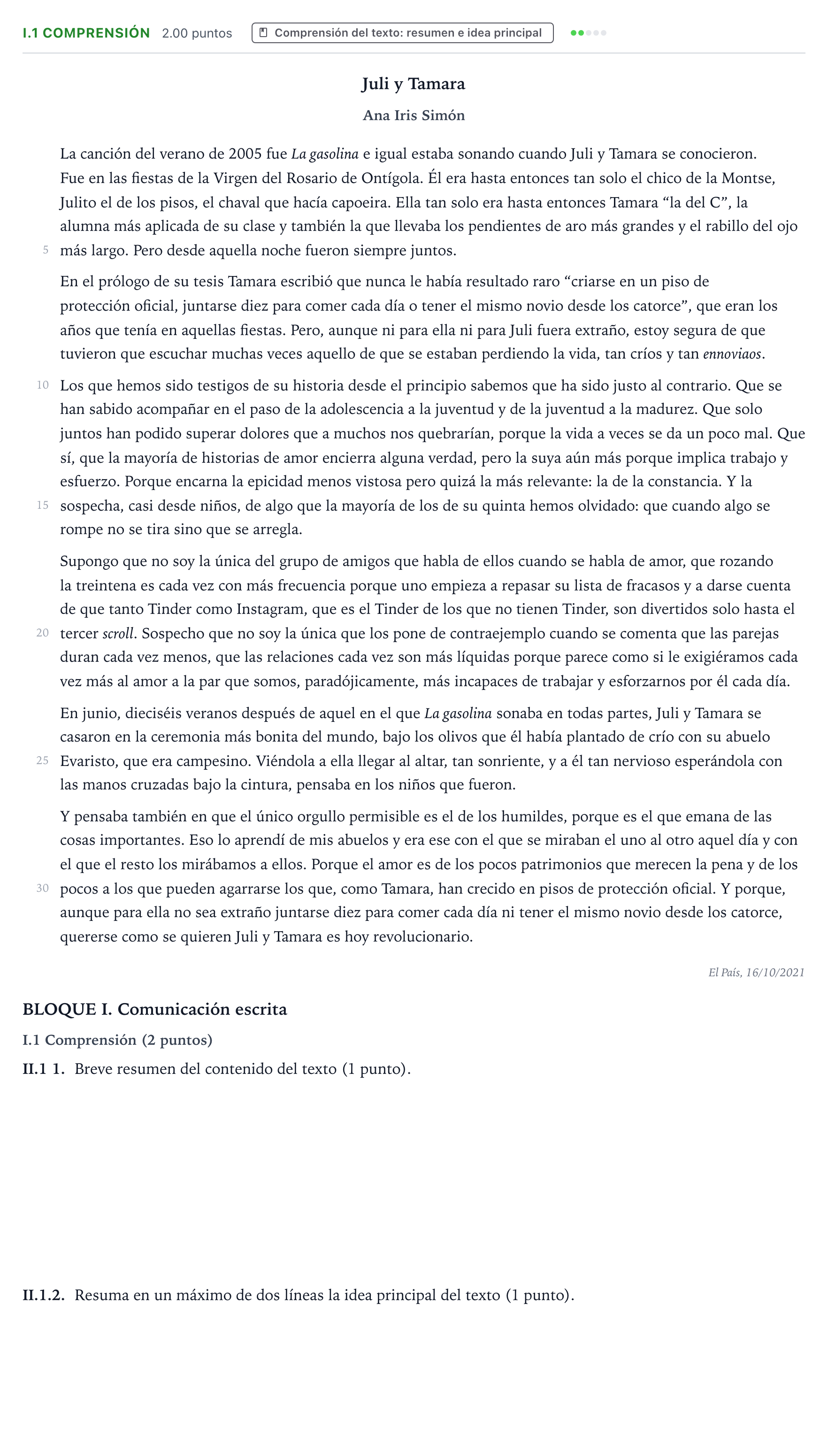 Enunciado: Ejercicio I.1 Comprensión · Lengua Castellana y Literatura II PAU Valencia Extraordinaria 2022