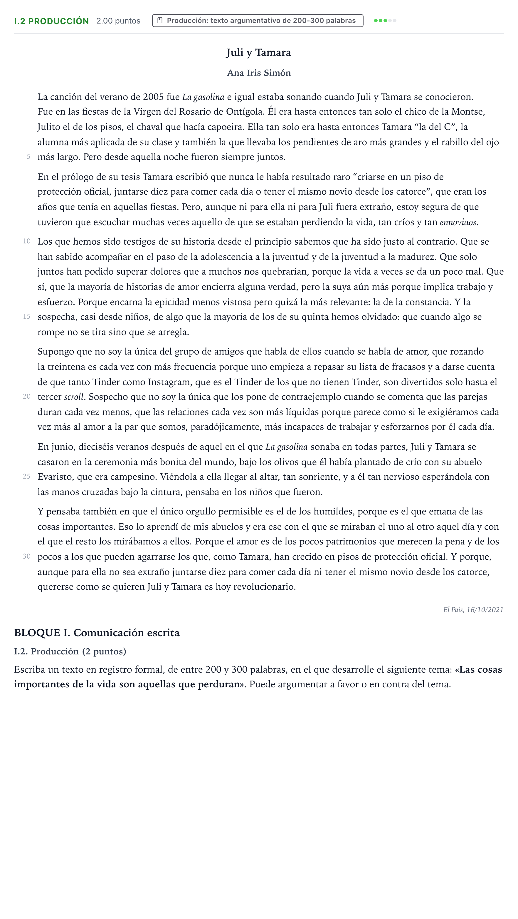 Enunciado: Ejercicio I.2 Producción · Lengua Castellana y Literatura II PAU Valencia Extraordinaria 2022