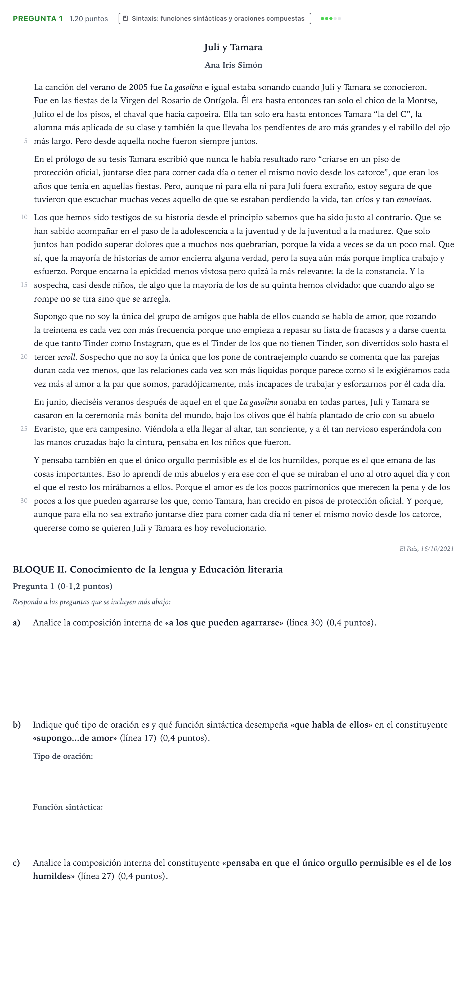 Enunciado: Pregunta 1 · Lengua Castellana y Literatura II PAU Valencia Extraordinaria 2022