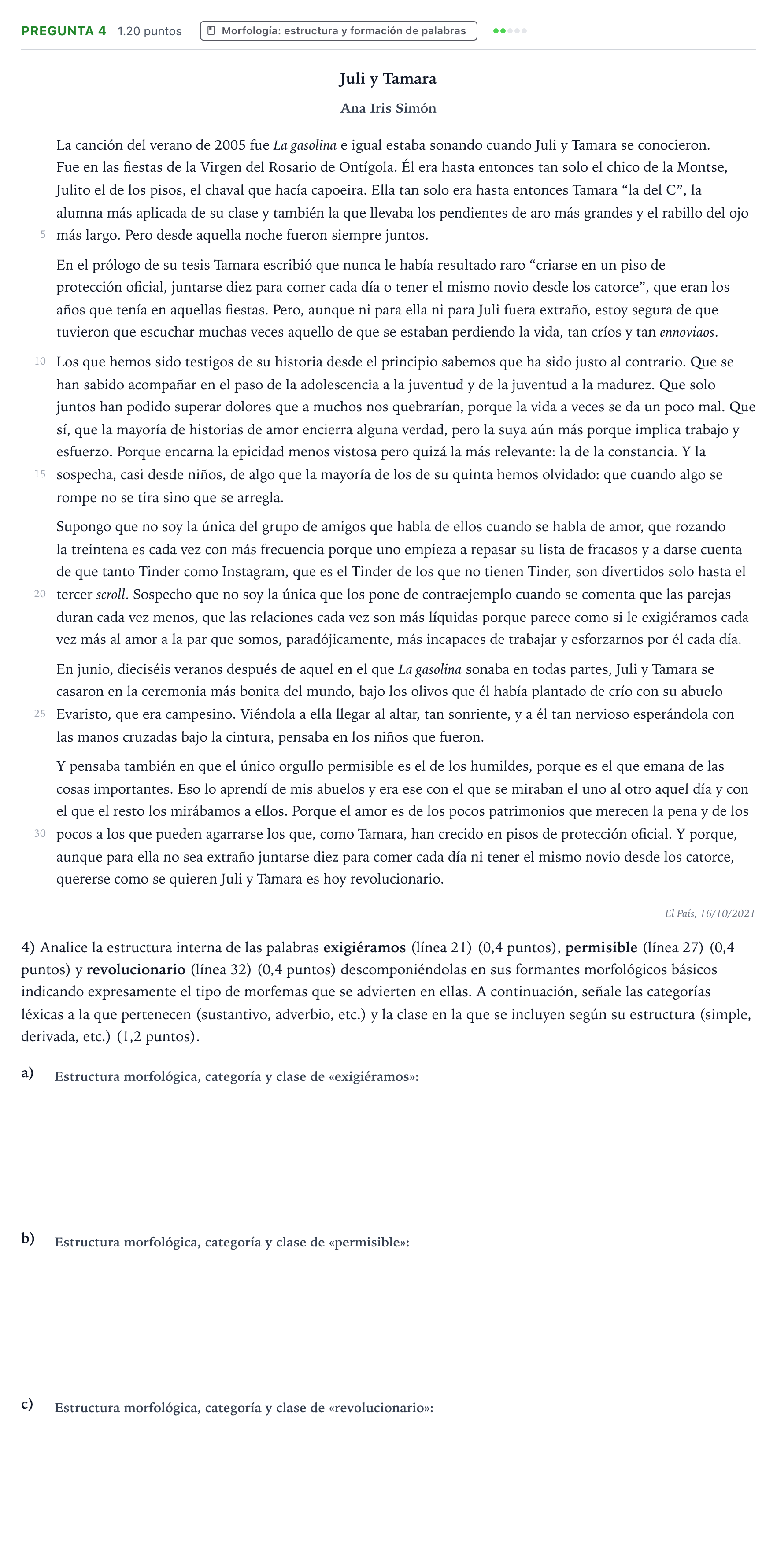 Enunciado: Pregunta 4 · Lengua Castellana y Literatura II PAU Valencia Extraordinaria 2022