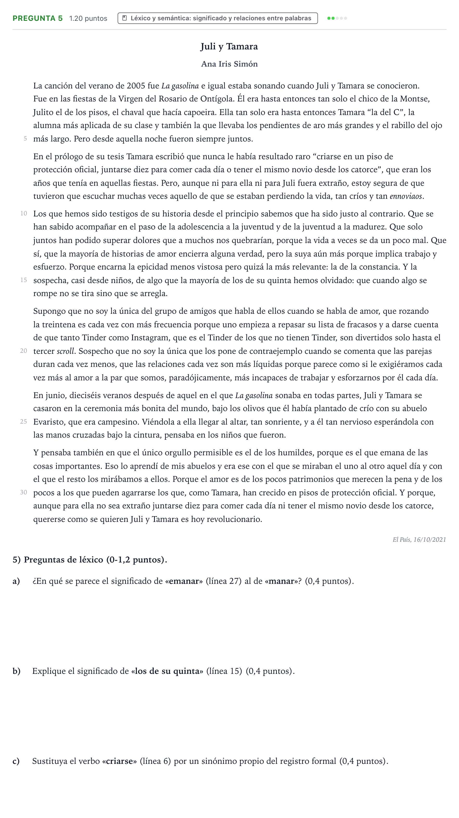 Enunciado: Pregunta 5 · Lengua Castellana y Literatura II PAU Valencia Extraordinaria 2022
