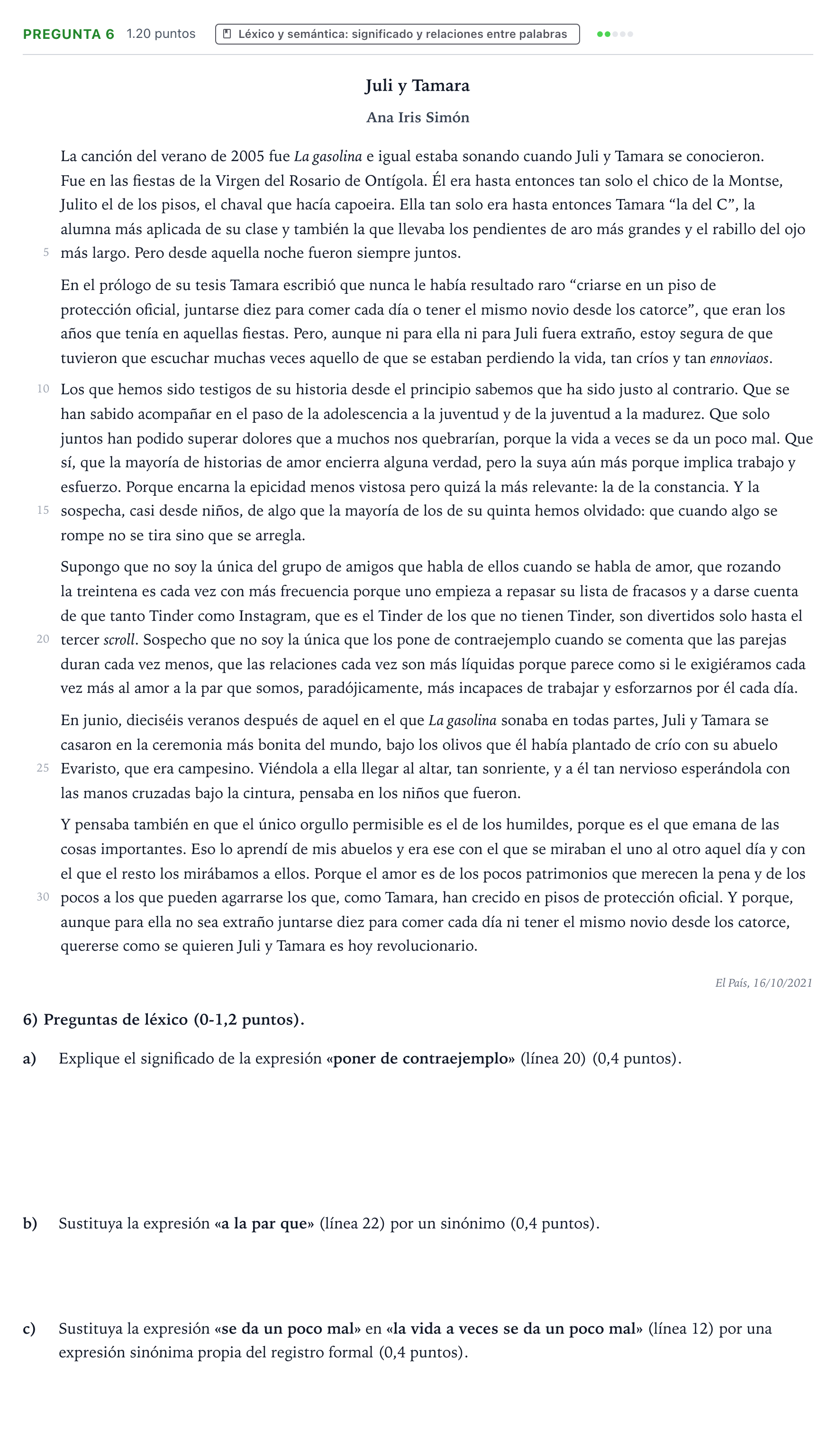 Enunciado: Pregunta 6 · Lengua Castellana y Literatura II PAU Valencia Extraordinaria 2022