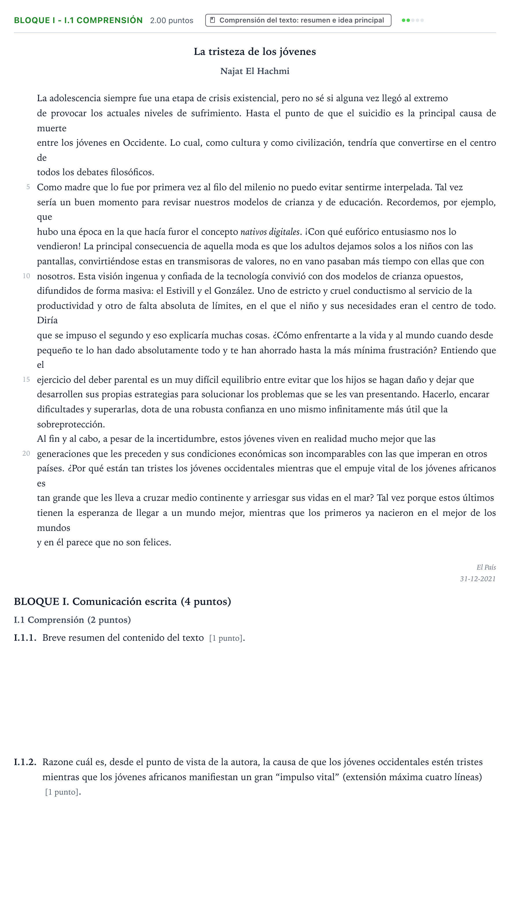 Enunciado: Bloque I - I.1 Comprensión · Lengua Castellana y Literatura II PAU Valencia Ordinaria 2022