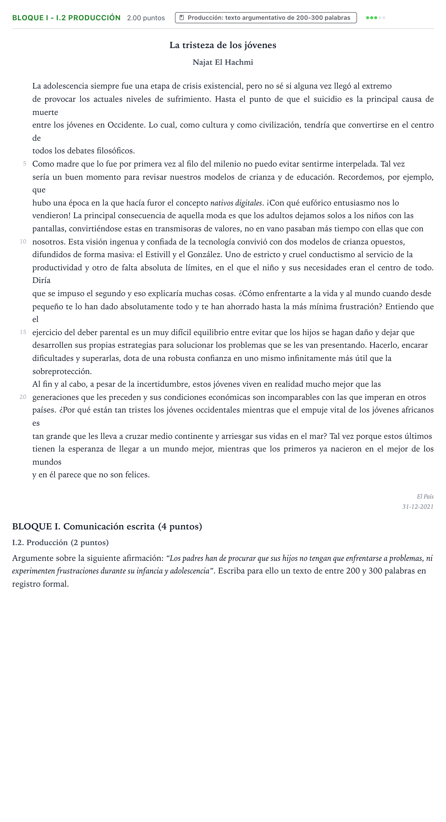 Enunciado: Bloque I - I.2 Producción · Lengua Castellana y Literatura II PAU Valencia Ordinaria 2022