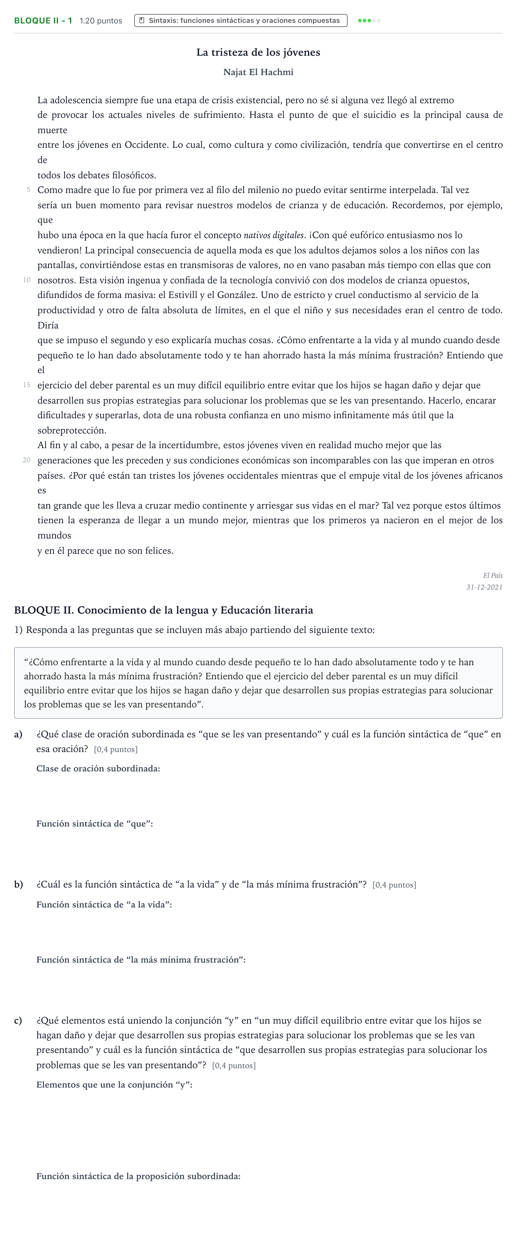 Enunciado: Bloque II - 1 · Lengua Castellana y Literatura II PAU Valencia Ordinaria 2022