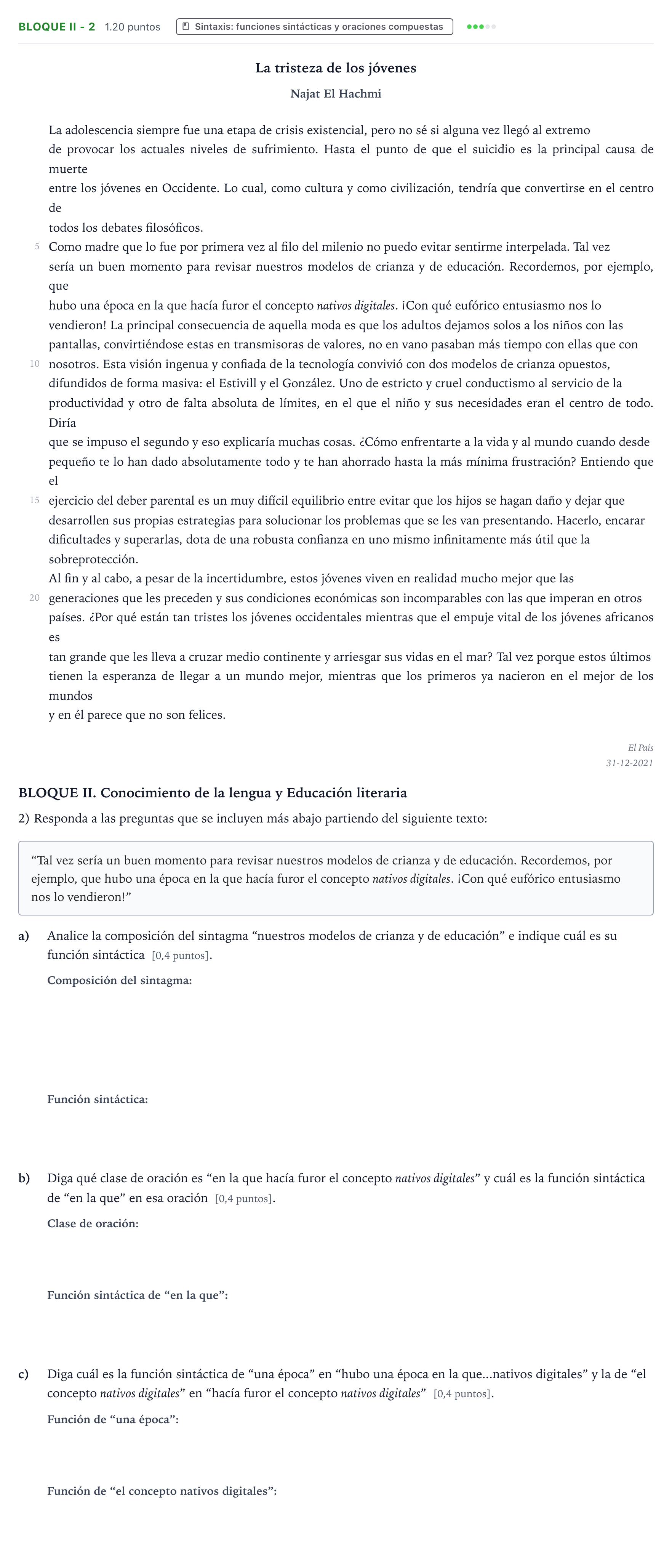 Enunciado: Bloque II - 2 · Lengua Castellana y Literatura II PAU Valencia Ordinaria 2022