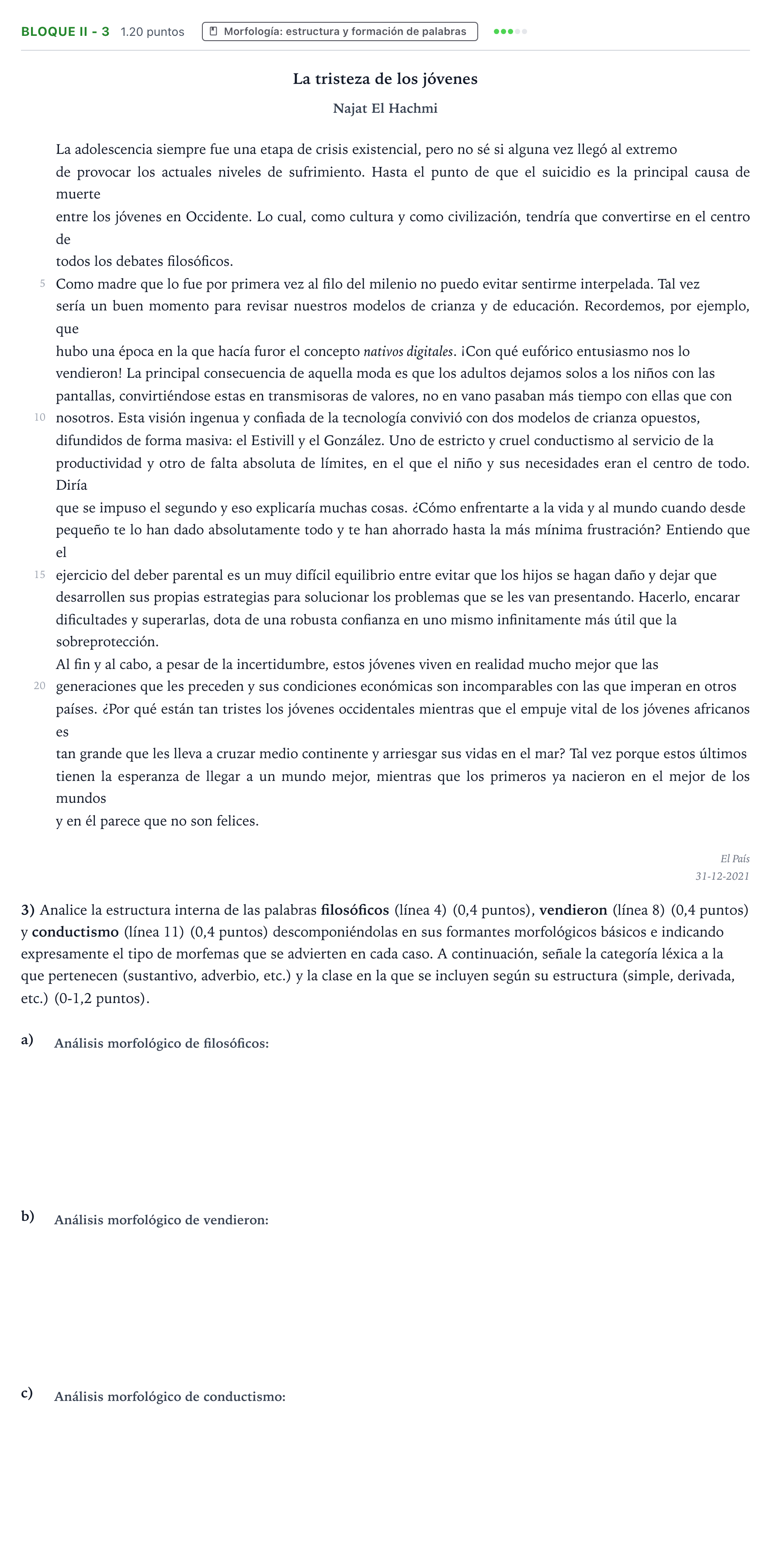 Enunciado: Bloque II - 3 · Lengua Castellana y Literatura II PAU Valencia Ordinaria 2022
