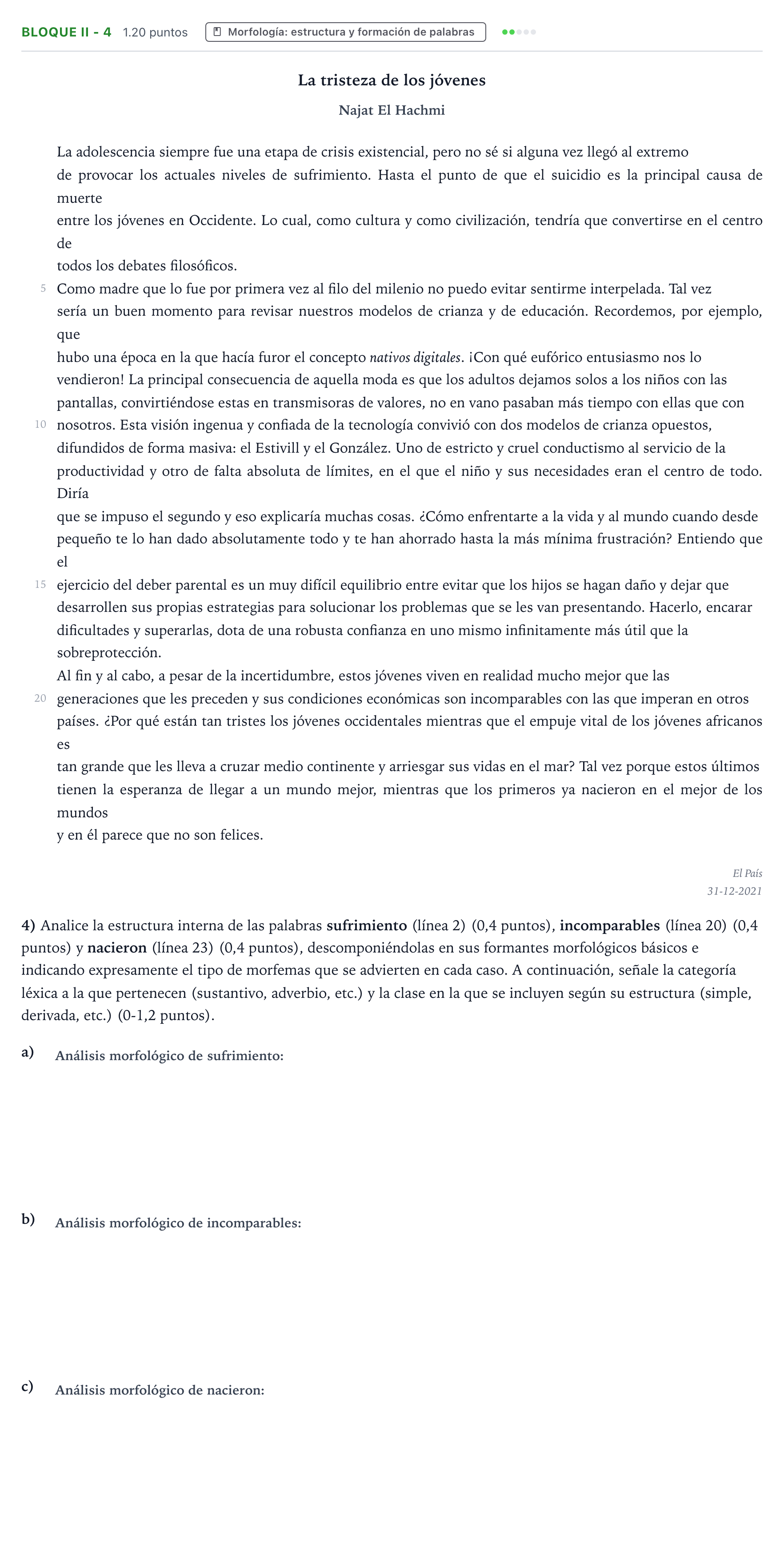 Enunciado: Bloque II - 4 · Lengua Castellana y Literatura II PAU Valencia Ordinaria 2022