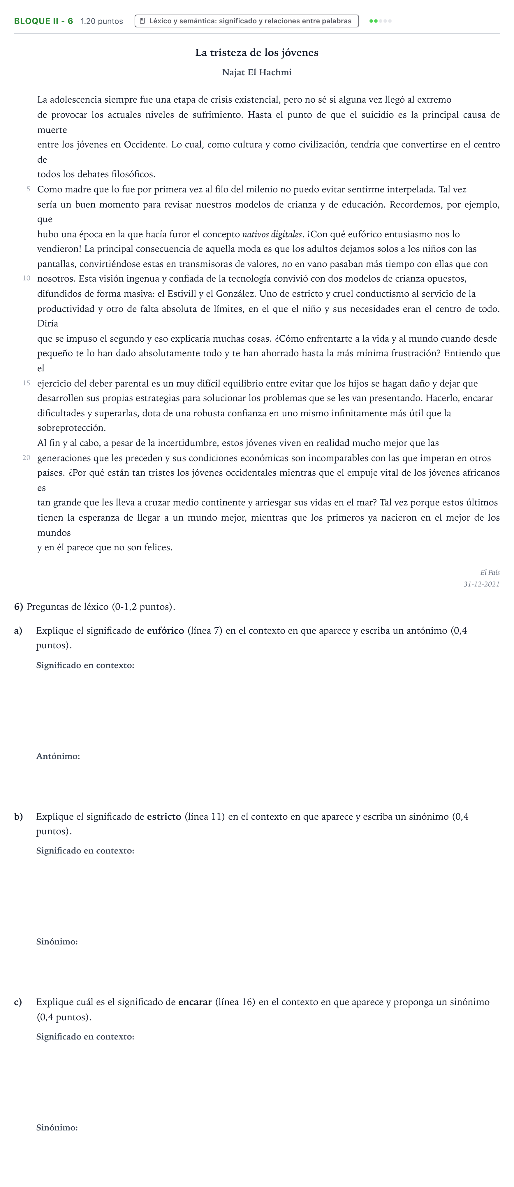 Enunciado: Bloque II - 6 · Lengua Castellana y Literatura II PAU Valencia Ordinaria 2022