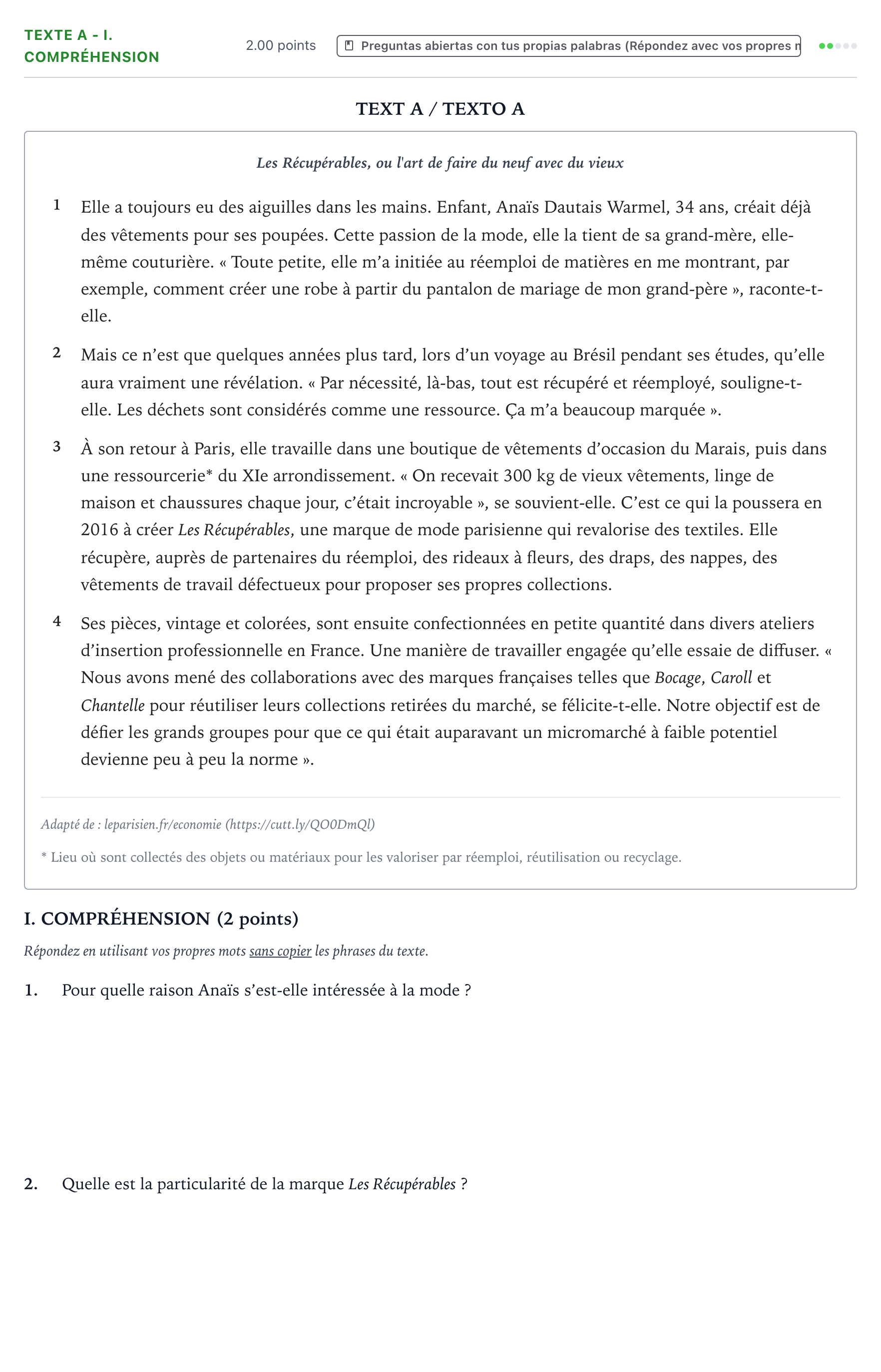 Enunciado: Ejercicio Texte A - I. Compréhension · Francés PAU Valencia Extraordinaria 2022