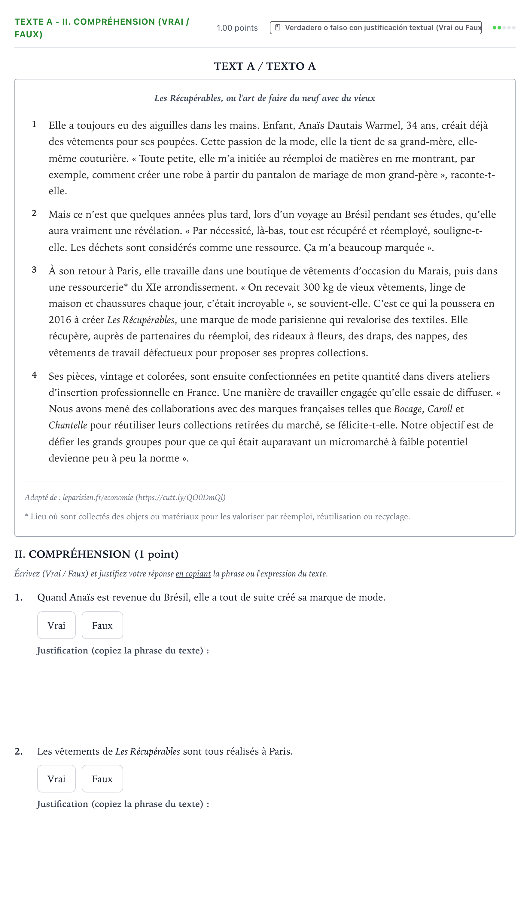 Enunciado: Ejercicio Texte A - II. Compréhension (Vrai / Faux) · Francés PAU Valencia Extraordinaria 2022
