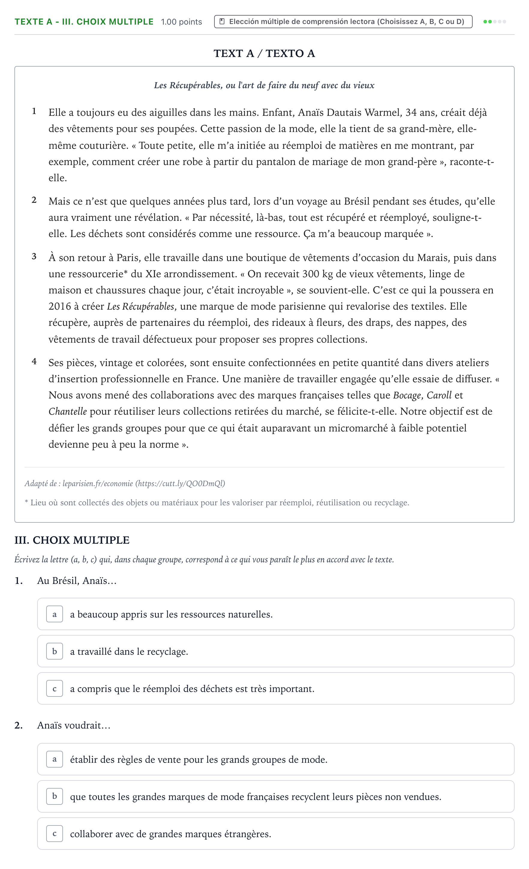 Enunciado: Ejercicio Texte A - III. Choix multiple · Francés PAU Valencia Extraordinaria 2022