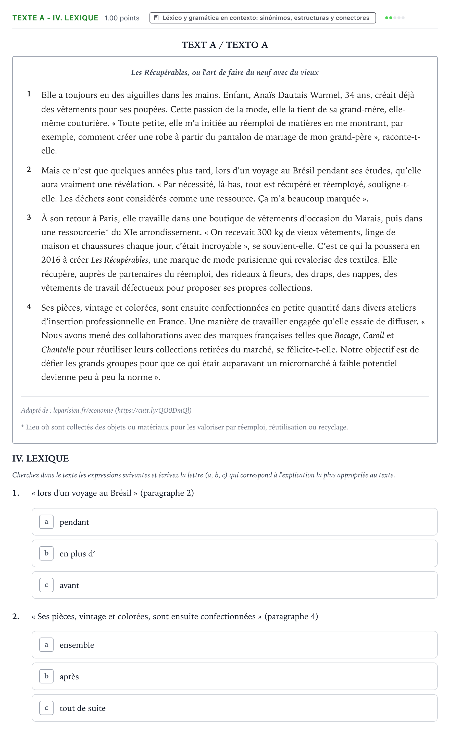 Enunciado: Ejercicio Texte A - IV. Lexique · Francés PAU Valencia Extraordinaria 2022