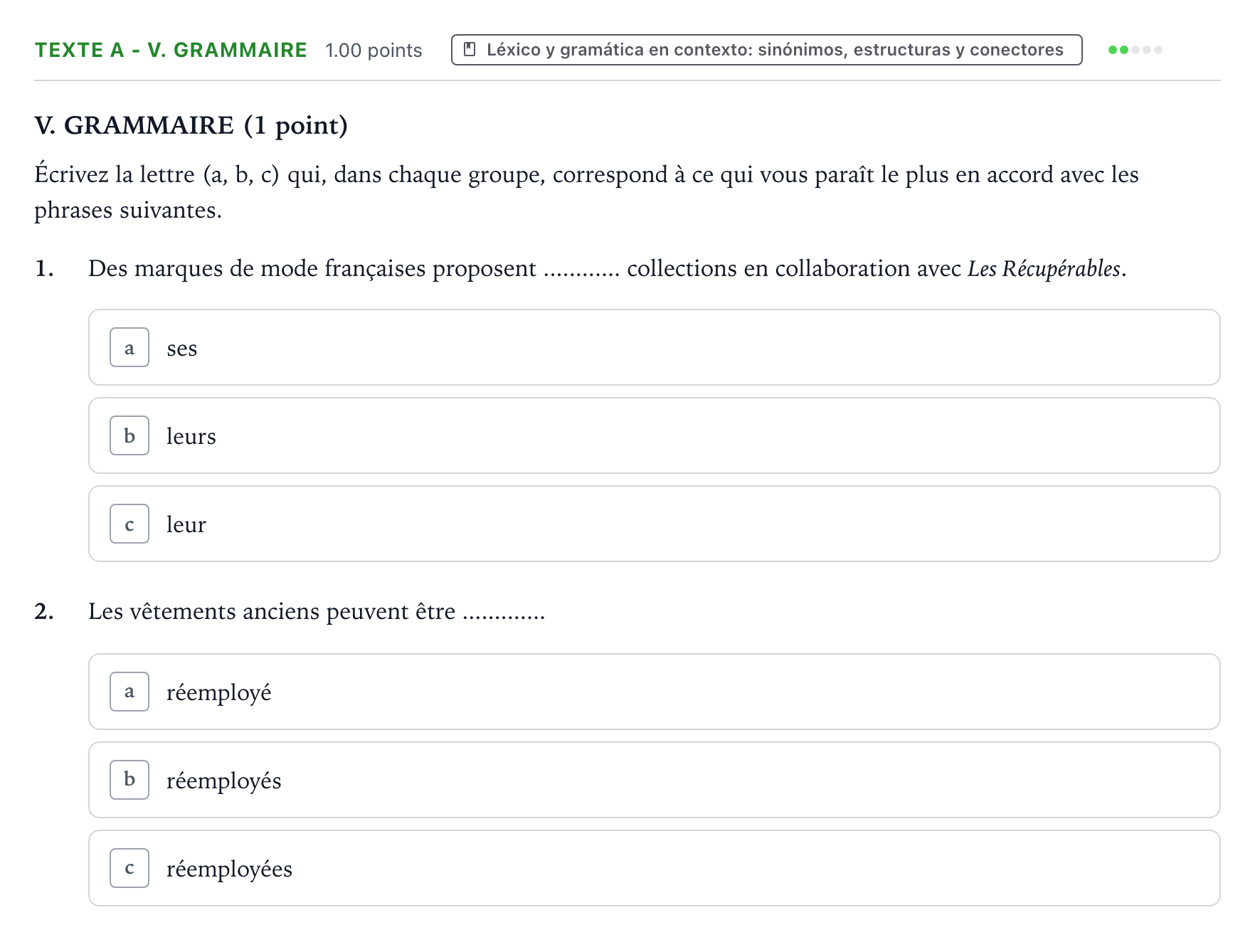 Enunciado: Ejercicio Texte A - V. Grammaire · Francés PAU Valencia Extraordinaria 2022