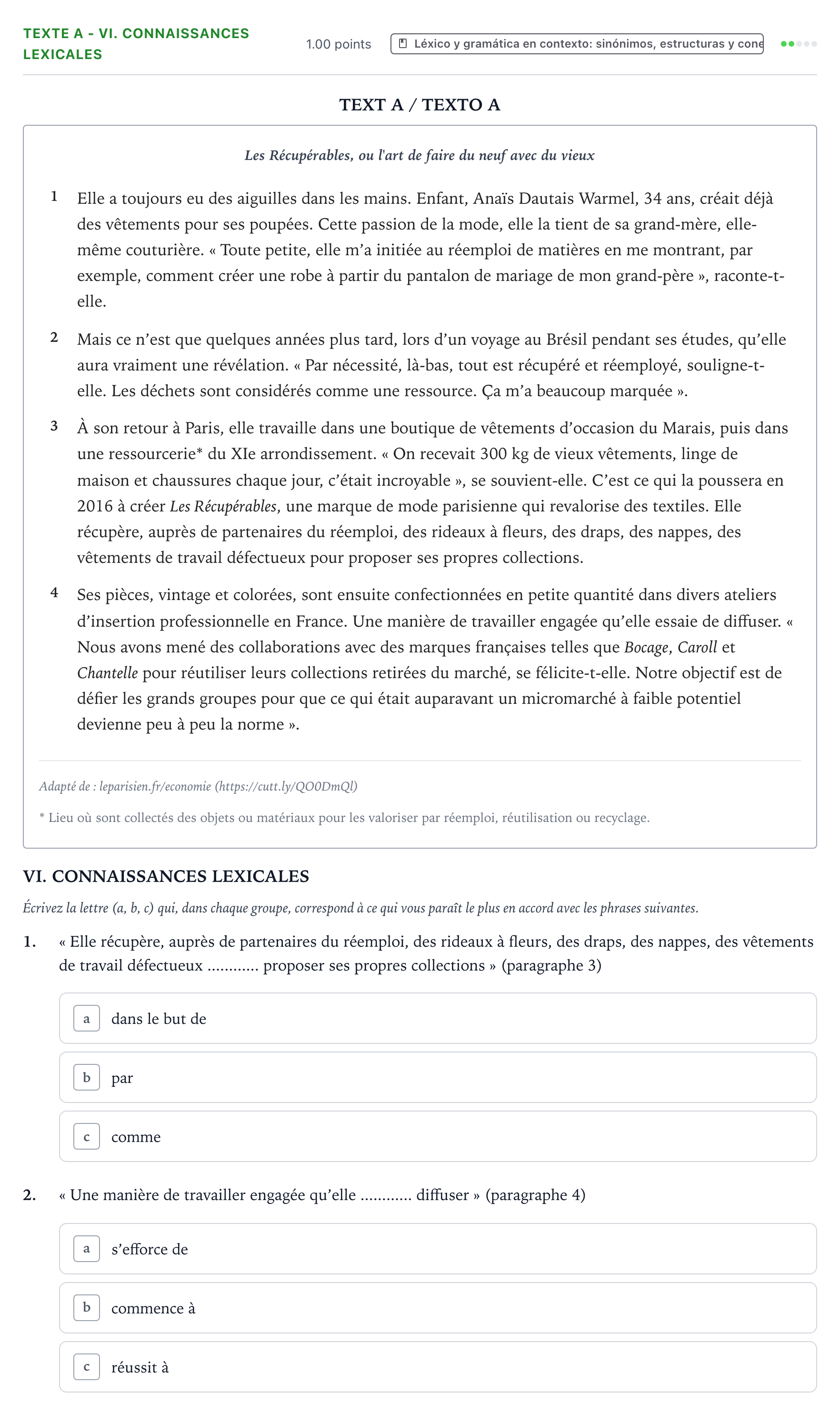 Enunciado: Ejercicio Texte A - VI. Connaissances lexicales · Francés PAU Valencia Extraordinaria 2022