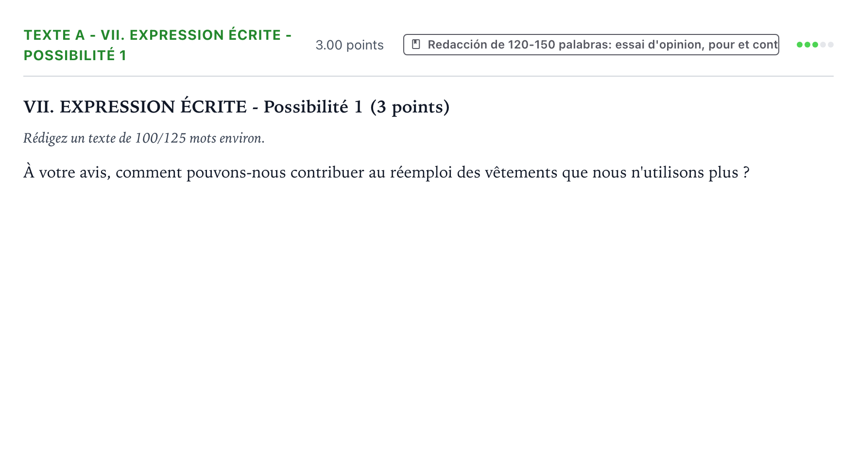 Enunciado: Ejercicio Texte A - VII. Expression écrite - Possibilité 1 · Francés PAU Valencia Extraordinaria 2022