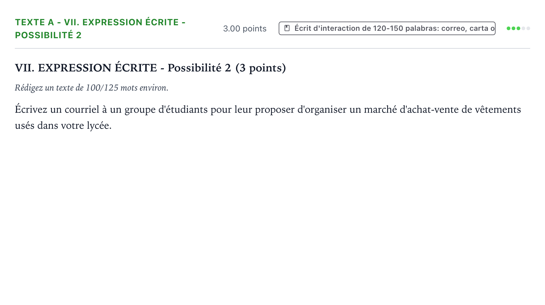 Enunciado: Ejercicio Texte A - VII. Expression écrite - Possibilité 2 · Francés PAU Valencia Extraordinaria 2022