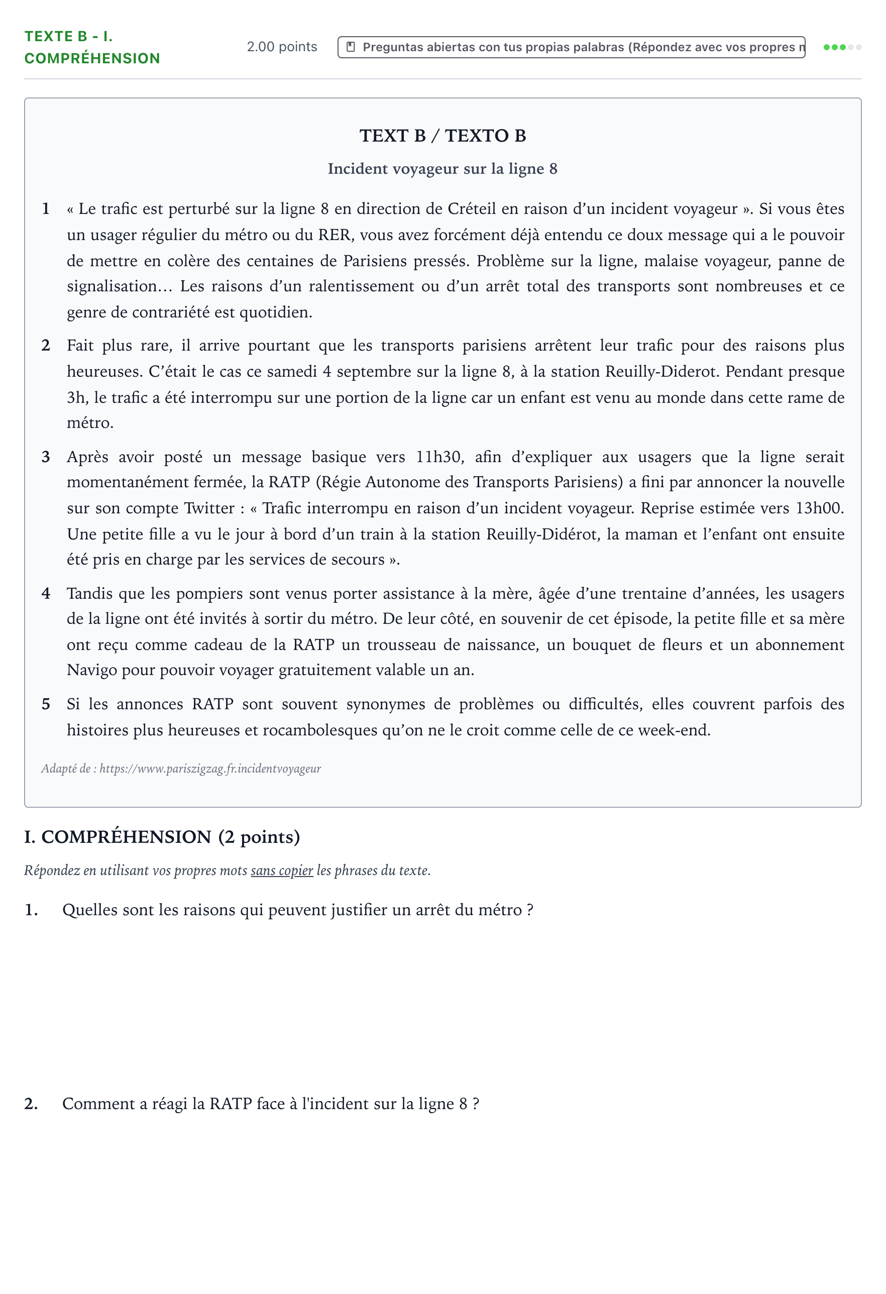 Enunciado: Ejercicio Texte B - I. Compréhension · Francés PAU Valencia Extraordinaria 2022